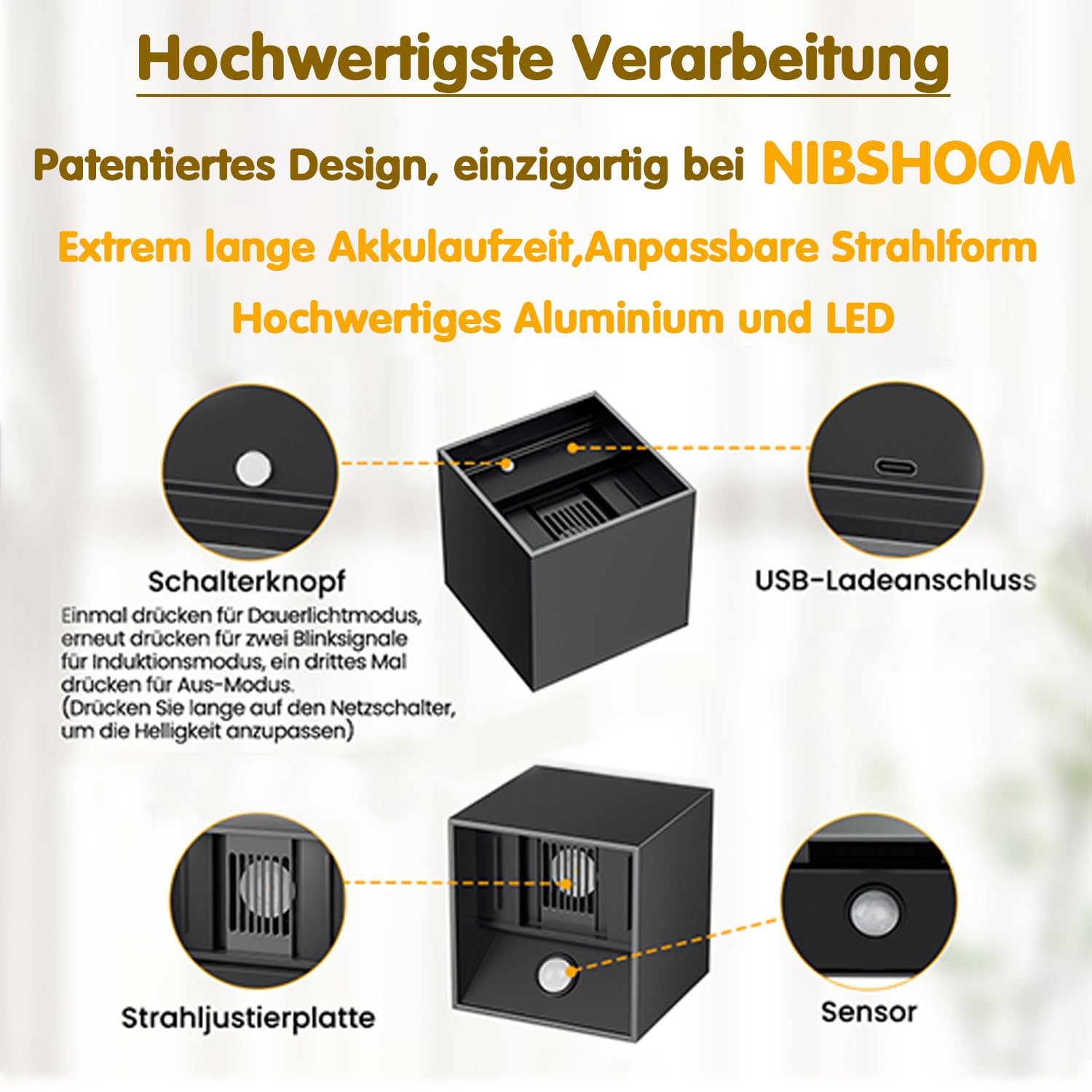 NIBSHOOM Akku Wandleuchte Innen Mit Bewegungsmelder,Einstellbare Strahlform | 3000K Warmweiß, 5200mAh Akku, USB-C Schnellladung, Stufenlos dimmbar, Memory Funktion, Hochwertiges Aluminium