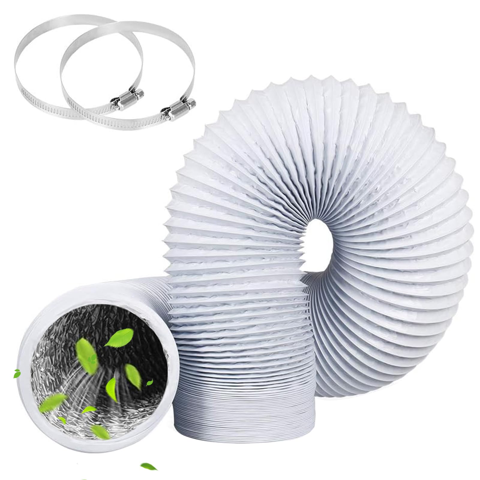Tumble Dryer Vent Hose 4Inch 10FT(3m) Long Flexible Aluminum Air Ducting 100mm PVC White 4Layer Dryer Ducting Pipe with 2 Stainless Hose Clips(91-114mm) for HVAC Ventilation Extractor Fan System