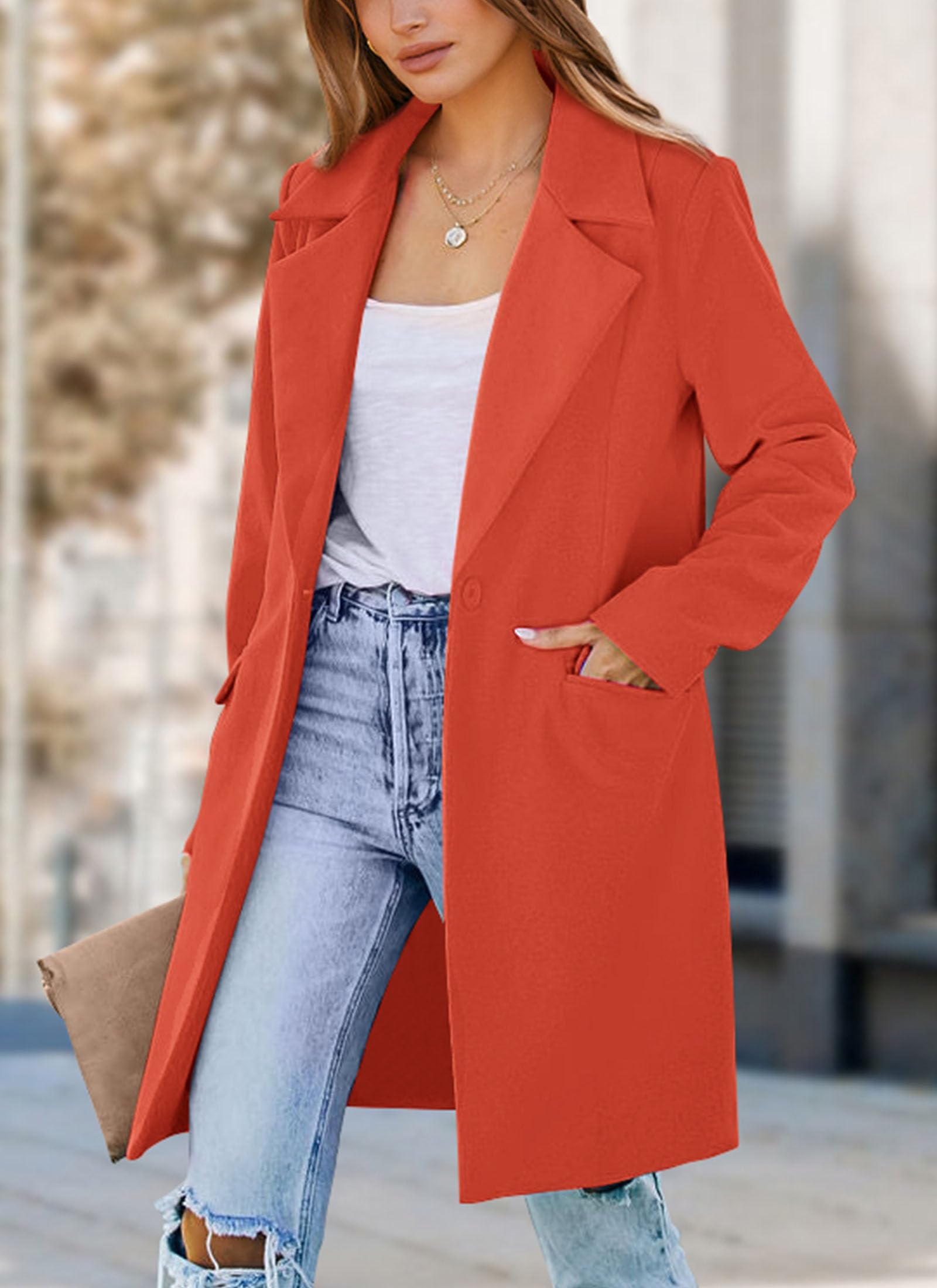 PRETTYGARDEN Women's Business Casual Long Blazer Jackets(Orange Red,S) view 7