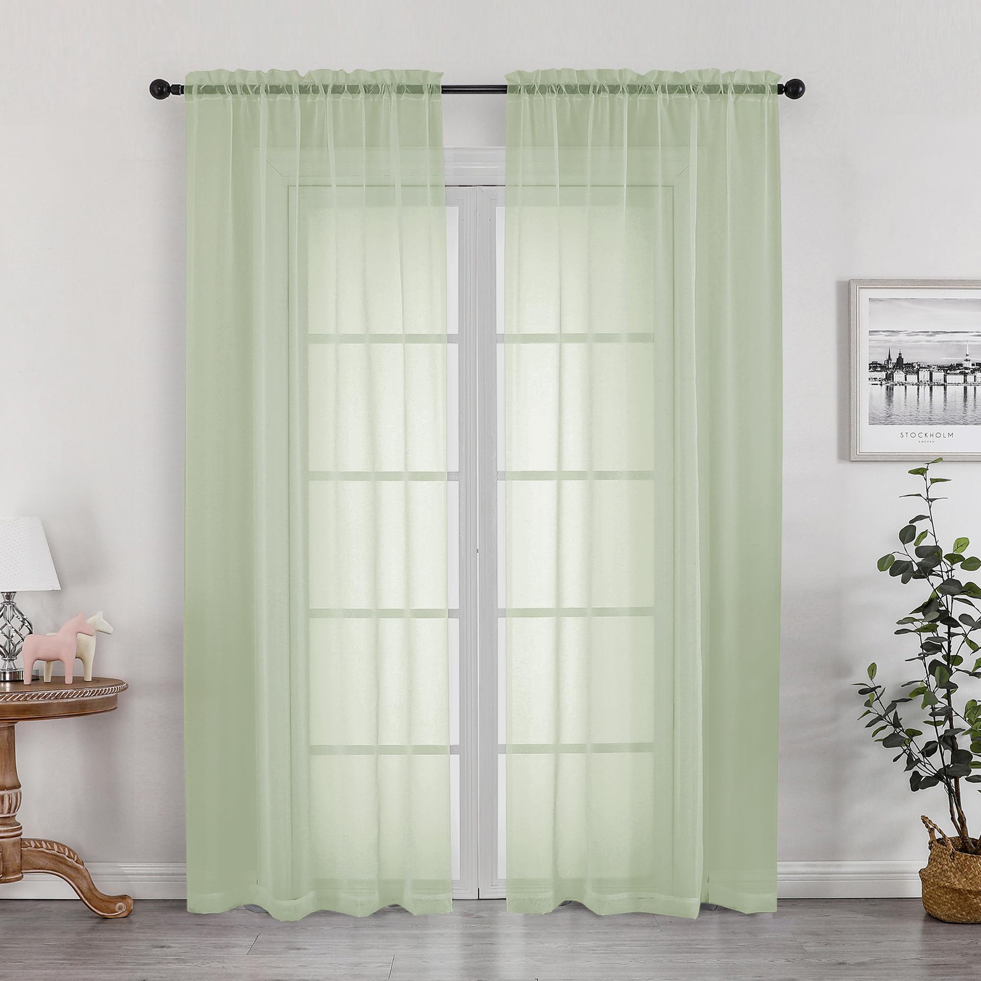 OWENIE Sheer Curtains 72 Inches Long 2 Panels Set, Light Filtering Sheer Curtain Rod Pocket Clear Drapes for Living Room Bedroom Window Sliding Door, Each 42 x 72 Inch, Light Green