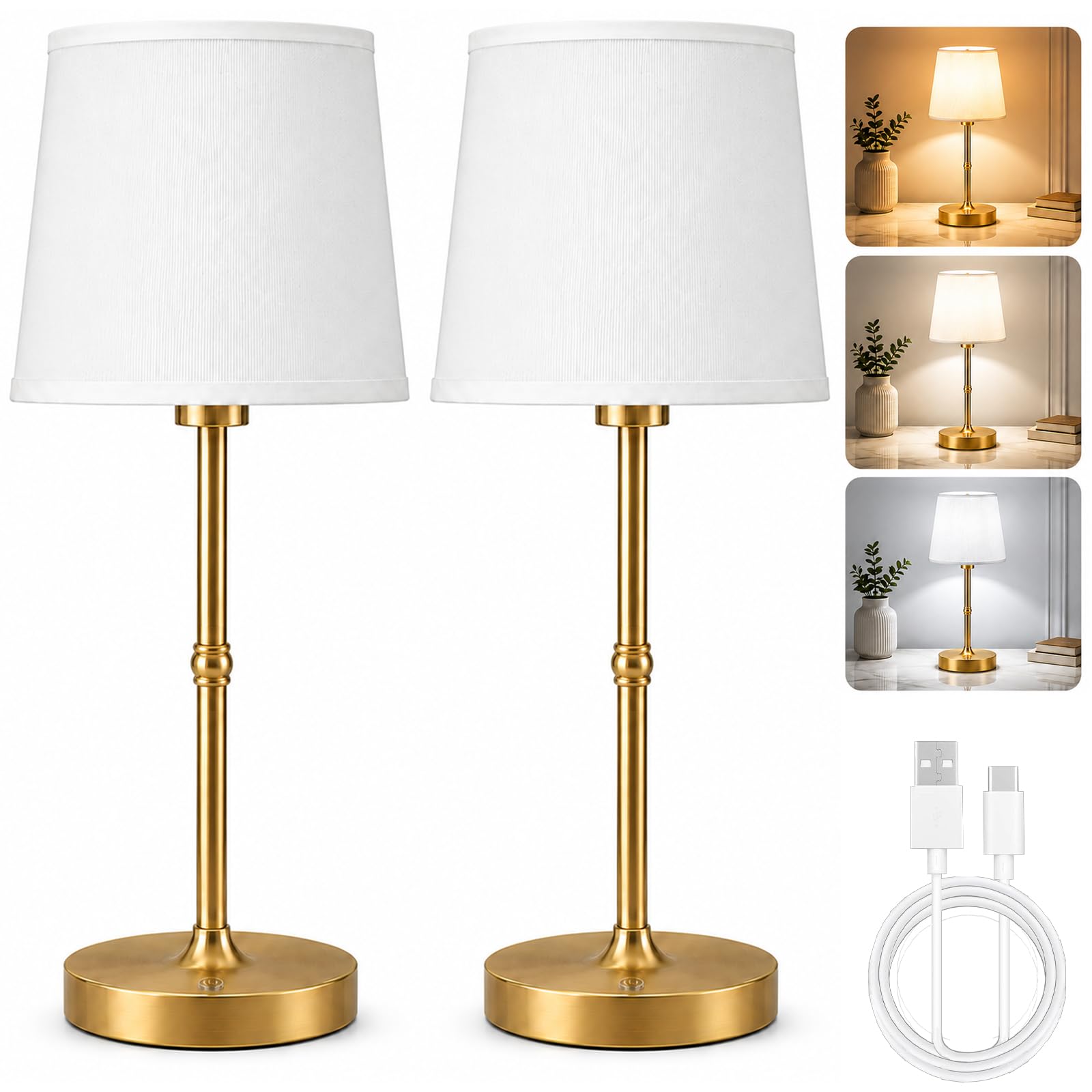 Rechargeable Table Lamp, 5200mAh Battery, Fabric Shade, Brass Gold, 2 Pack