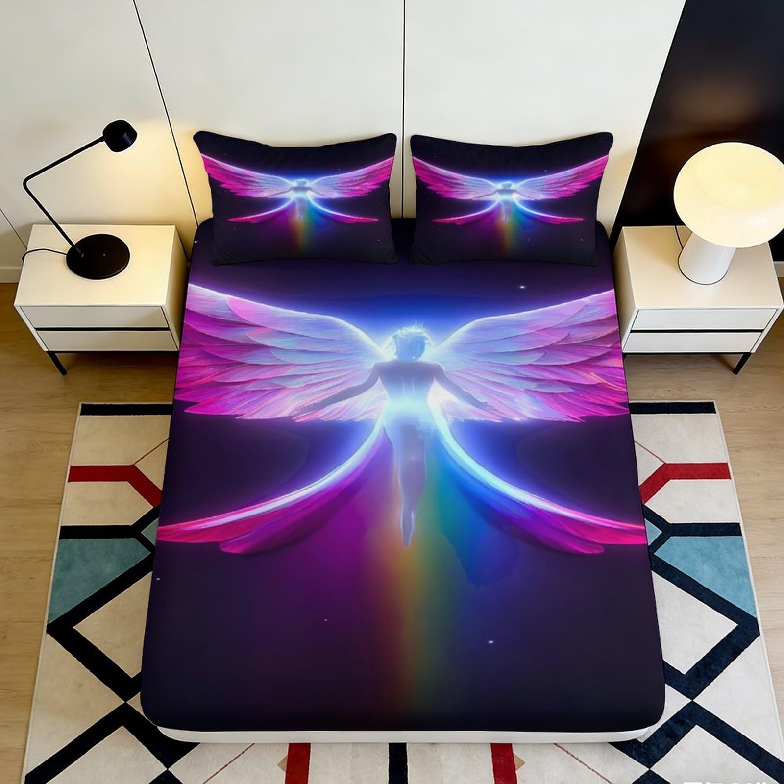 3D Printed Neon Angel Wings Fitted Sheet Microfiber Bedroom Decor Rainbow Mattress Cover for Home Dorm 90x200x25cm