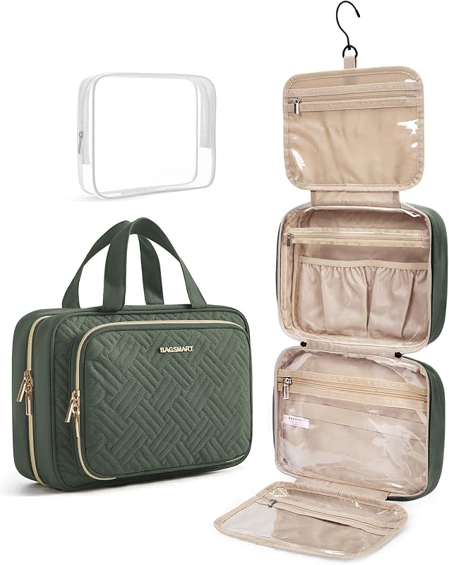 Necessaire BAGSMART suspensa para viagem com organizador de maquiagem, bolsa transparente para cosméticos e produtos em tamanho integral, Dusty Green