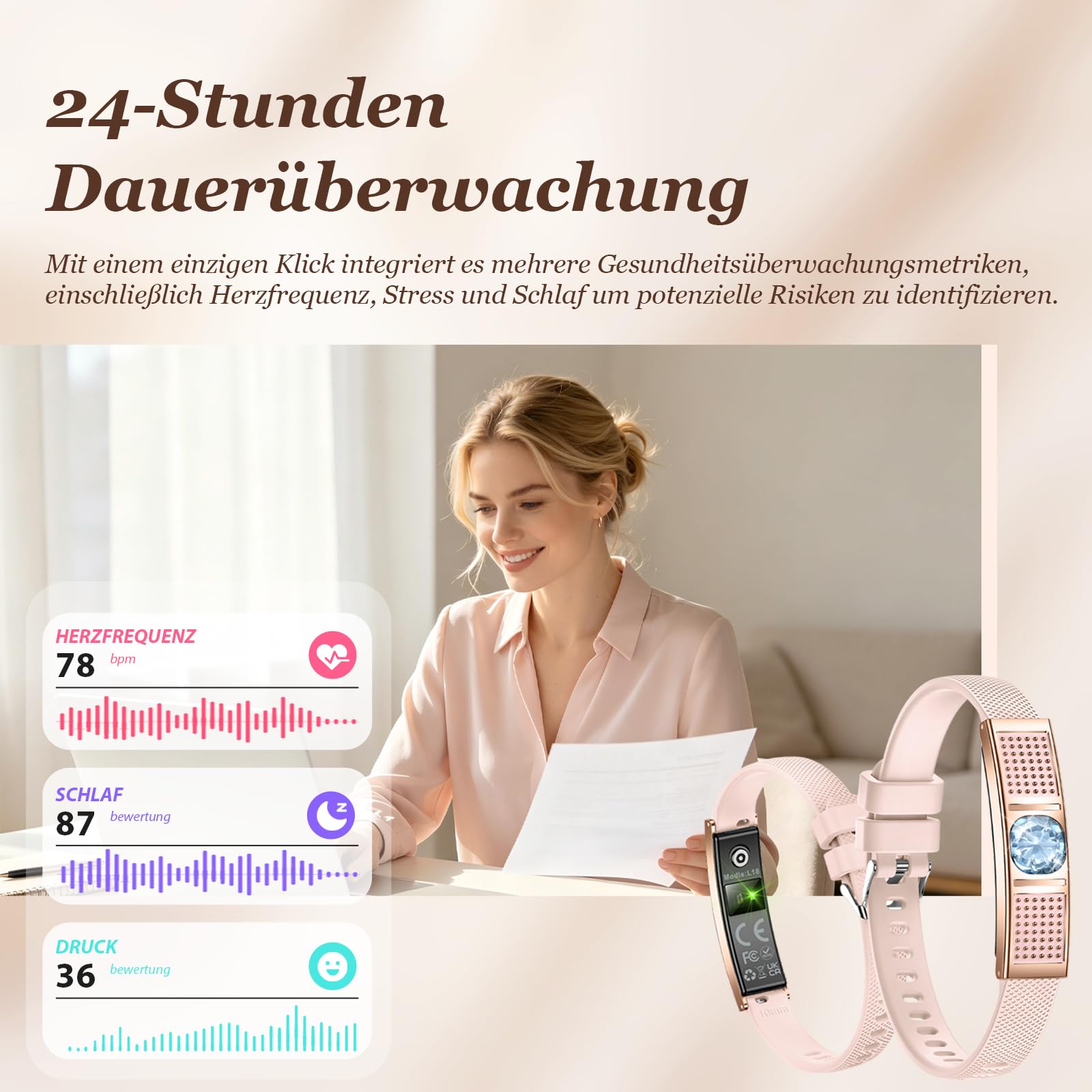 findtime Bracelet de fitness pour femme avec incrustation de cristal, bracelet intelligent, fin, fréquence cardiaque, sommeil, suivi du cycle de sommeil, podomètre, bracelet intelligent avec bracelet