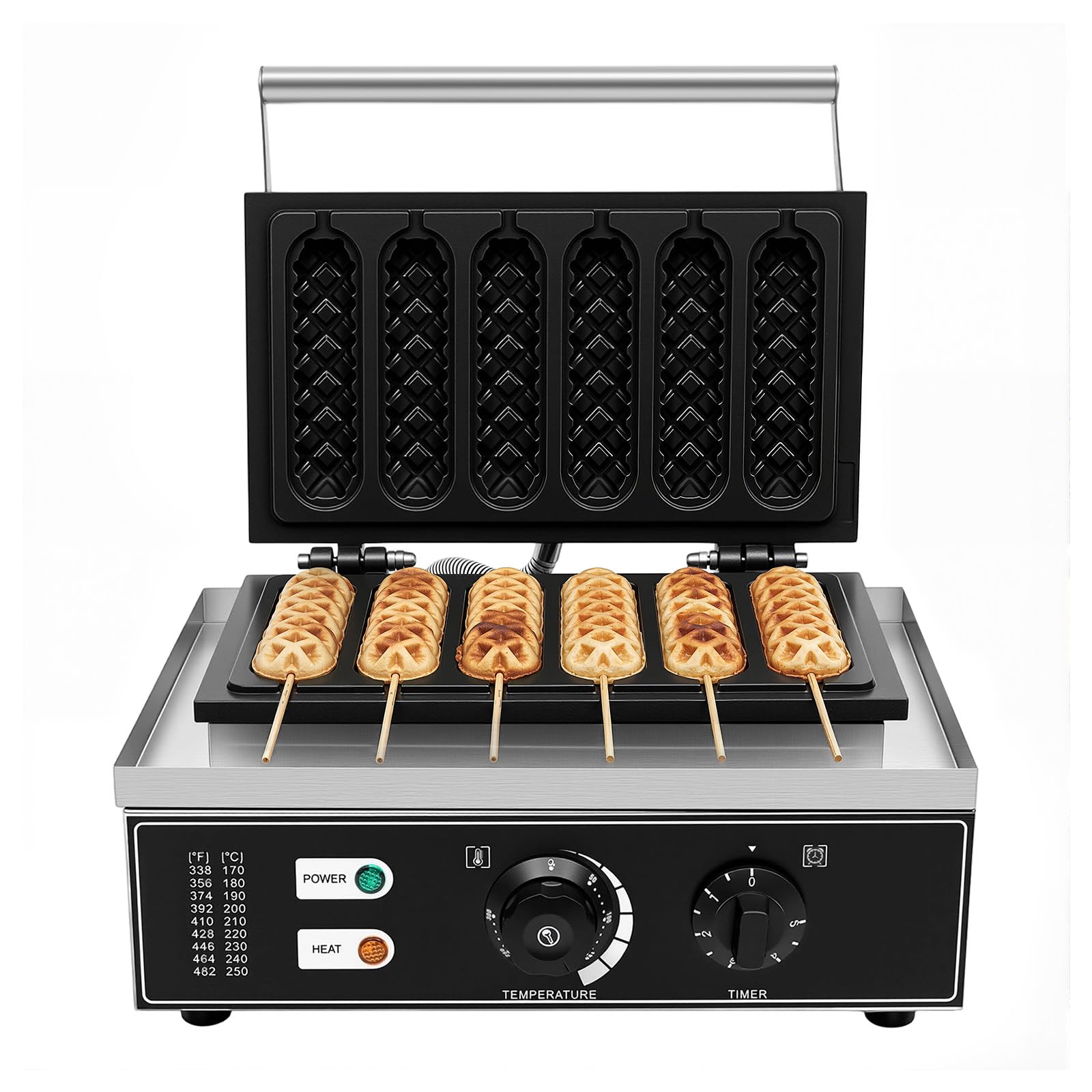 Hot Dog Maker 6 ranuras 1500 W – Máquina eléctrica de acero inoxidable con control de temperatura (50-300 °C) y temporizador, ideal para fiestas, quioscos o uso comercial