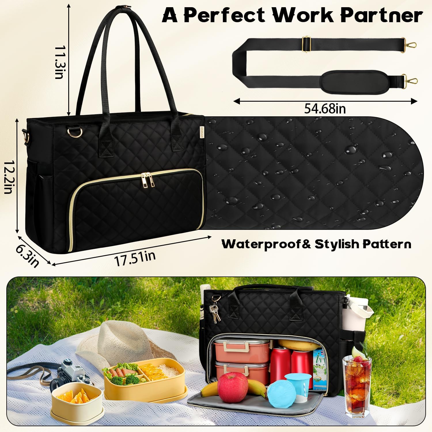Lunch Tote Bag with 15.6 Inch Laptop Compartment& Water Bottle Pocket, Quilted Nylon Work Tote Bag with Large Insulated Lunch Compartment for Women School Business Teacher Nurse (Black) - Image 8