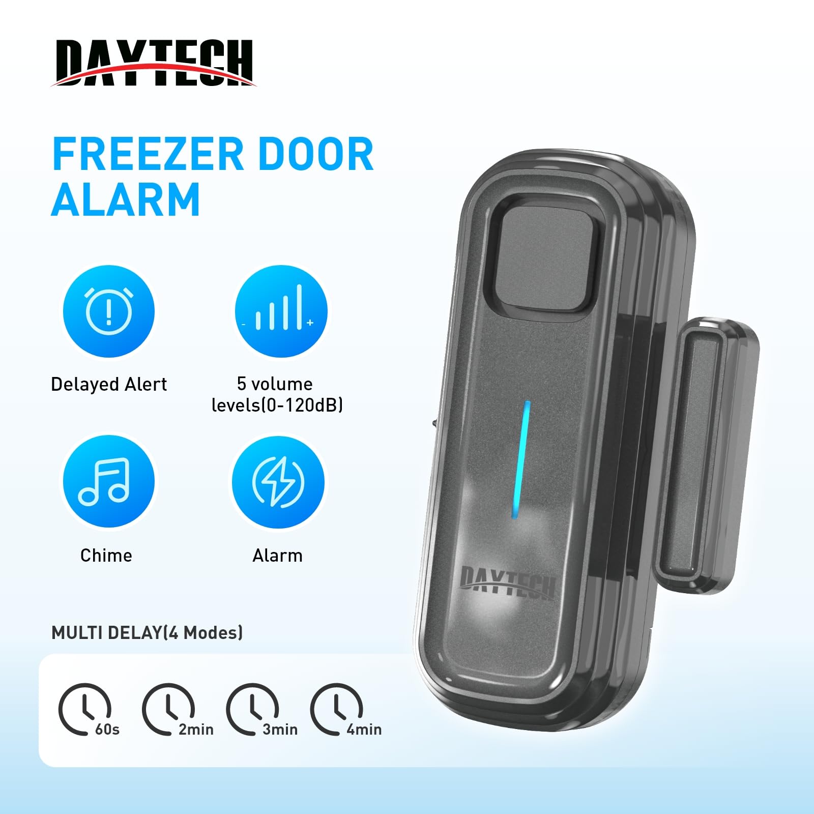 DAYTECH Fridge Door Alarm with Delay 1/2/3/4 Mins When Opend Window Alarm Close Doors Reminder Freezer Door Sensor or Chime 0 to 120 dB for Ajar Warning Silver 2 Packs - Image 3