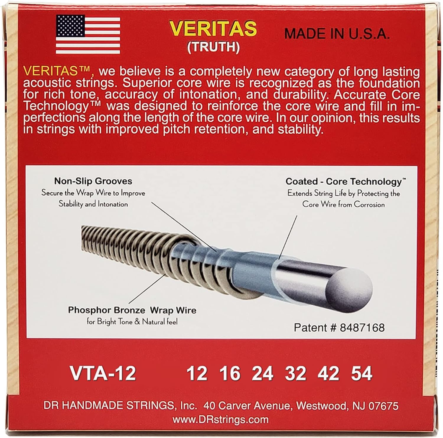 DR Strings Veritas Coated Core Technology Acoustic Guitar Strings, Light 12-54, 3-Pack (VTA-12-3PK)