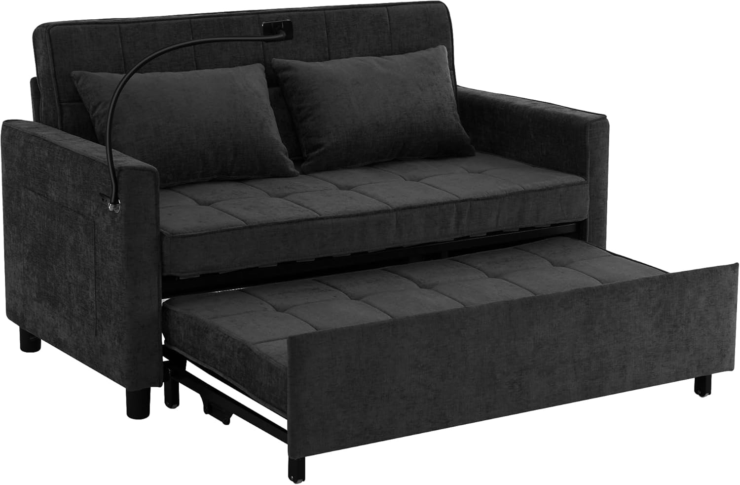 56.9" Convertible Loveseat Sofa Bed with Adjustable Backrest, USB Ports, Phone Holder, Side Pockets, 2 Lumbar Pillows, Chenille Upholstery, Foam Cushions for Small Spaces, Guest Room, Black