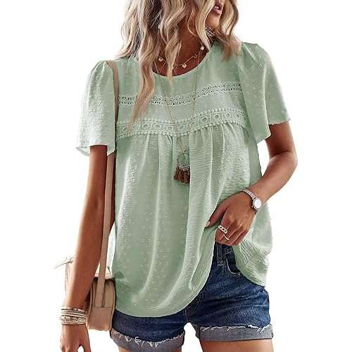 Falechay Womens Summer Tops Crewneck Short Sleeve Shirts Casual Chiffon Blouses Flowy Lace Hem Boho Clothing Trendy 2026