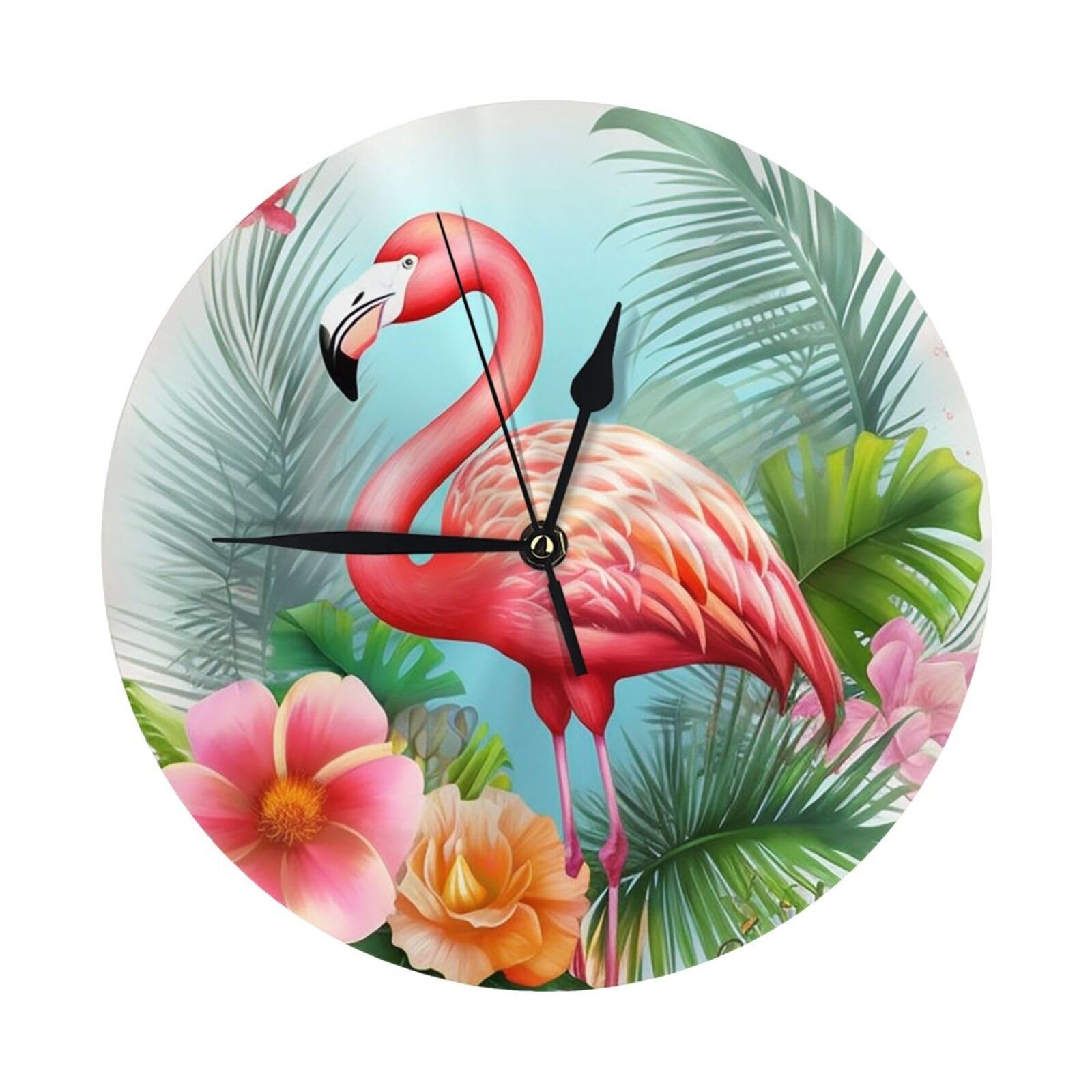 FodPand Tropical Flamingo Wall Clock - 10 Inch Silent Non-Ticking Modern Wall Clocks Battery Operated - Classic Simple Minimalist Analog Round Decorative Clock for Kitchen, Home, Office