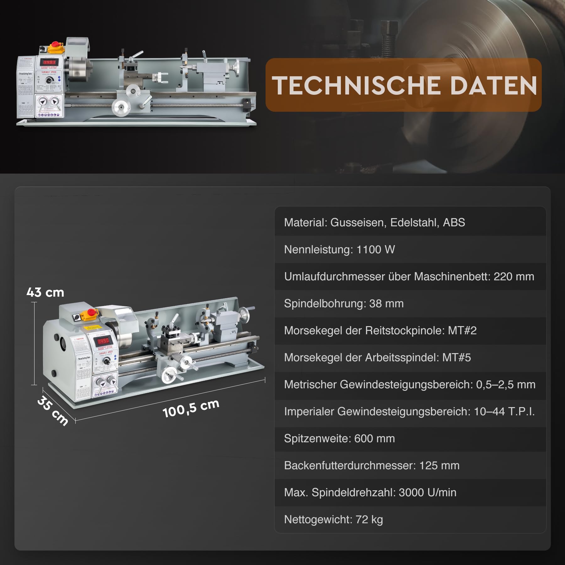 CREWORKS Mini-Drehmaschine 9 x 24 Zoll mit 3-Backen-Futter und 3000 U/min Mini-Metalldrehmaschine 220x600MM mit LCD-Display, 1100W Drehbank Metall für Heimwerker-Metallverarbeitung und Handwerk