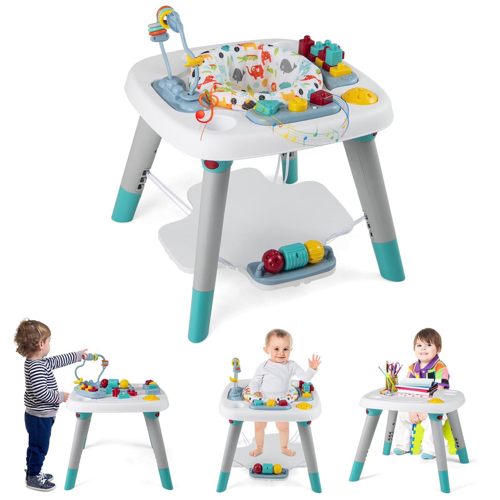 Centro de actividades HONEY JOY Baby Bouncer 6 en 1, mesa de juego de pie con asiento giratorio de 360 ​​grados, 5 juguetes, 3 alturas ajustables, sonidos musicales, centro de actividades para bebés de 6 a 36 meses