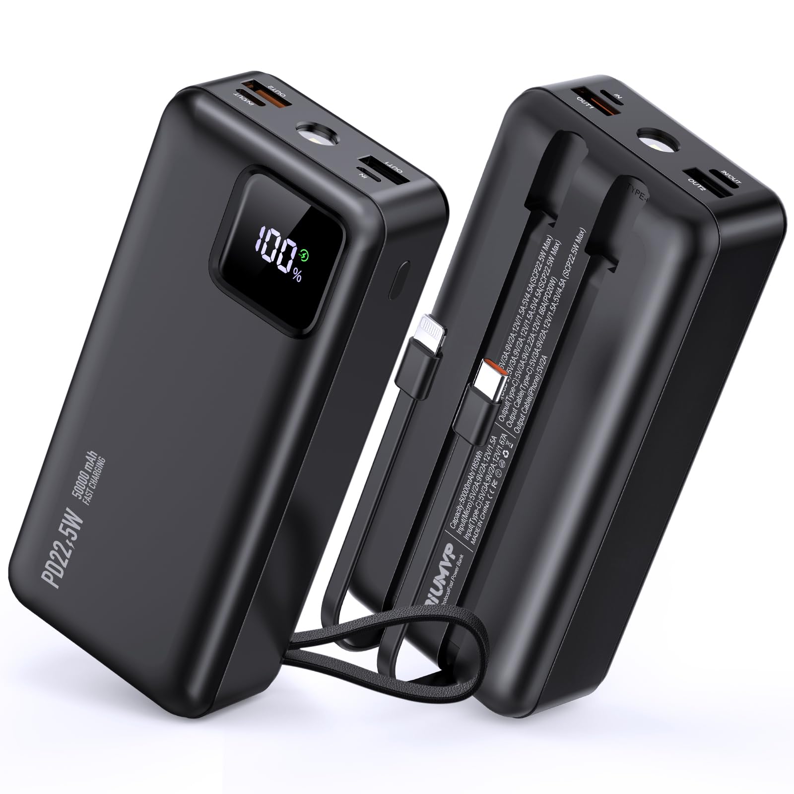 Power Bank Fast Charging with Built in Cables,LED Display 50000mAh Portable Charger,22.5w USB C in&out Battery Pack,Huge Capacity External Battery Phone Charger for iPhone Samsung iPad Camping etc.