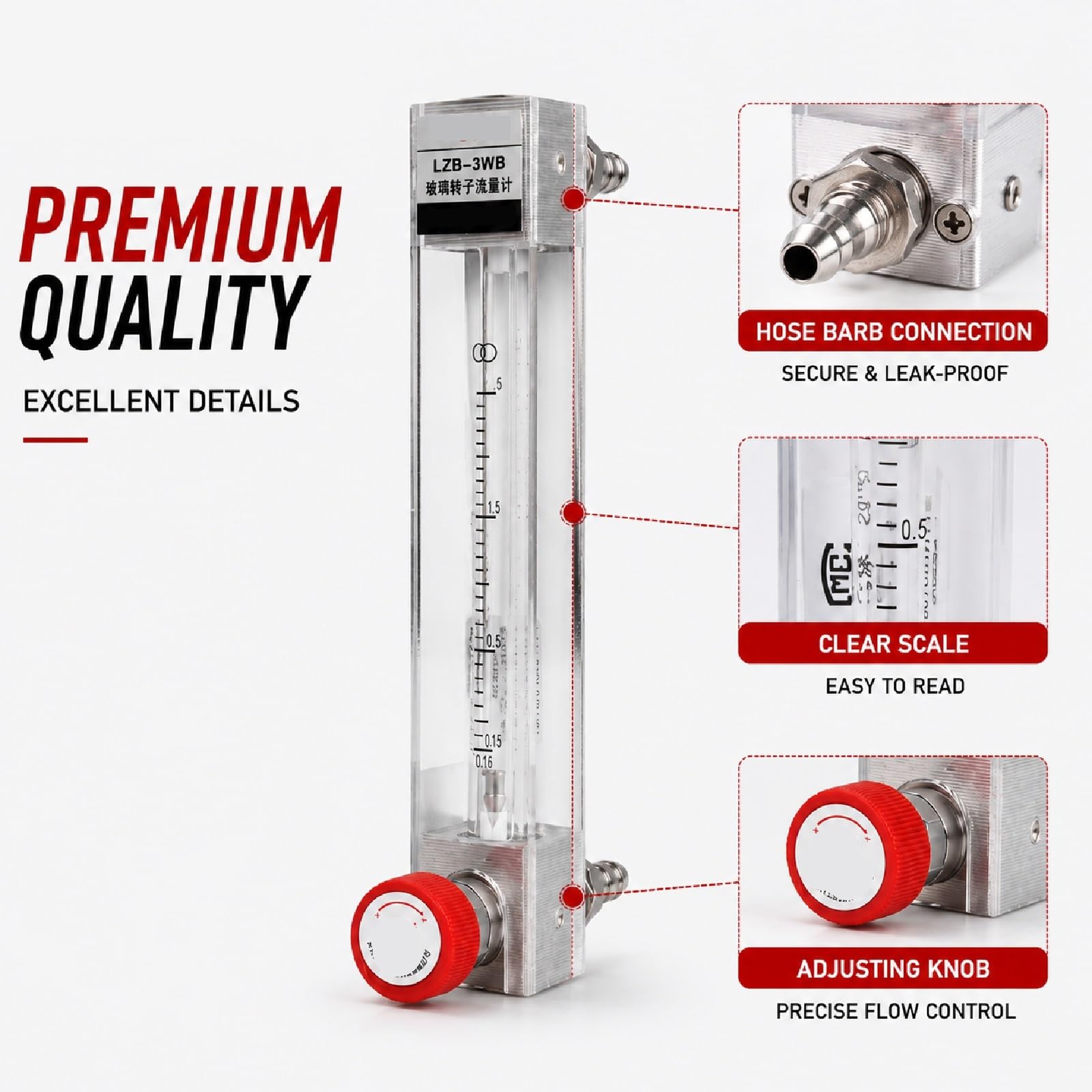 1 Uds LZB-3WB medidor de Flujo rotámetro de Vidrio 0,4-100 mL/min(6-60ml-min-Gas)