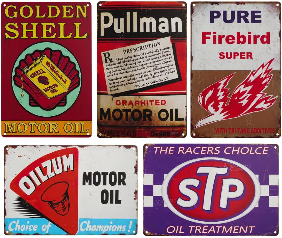 Vintage Tin Signs, Set of 5, Motor Oil and Automotive Advertisements, Metal, 8 x 12 Inches (Black)