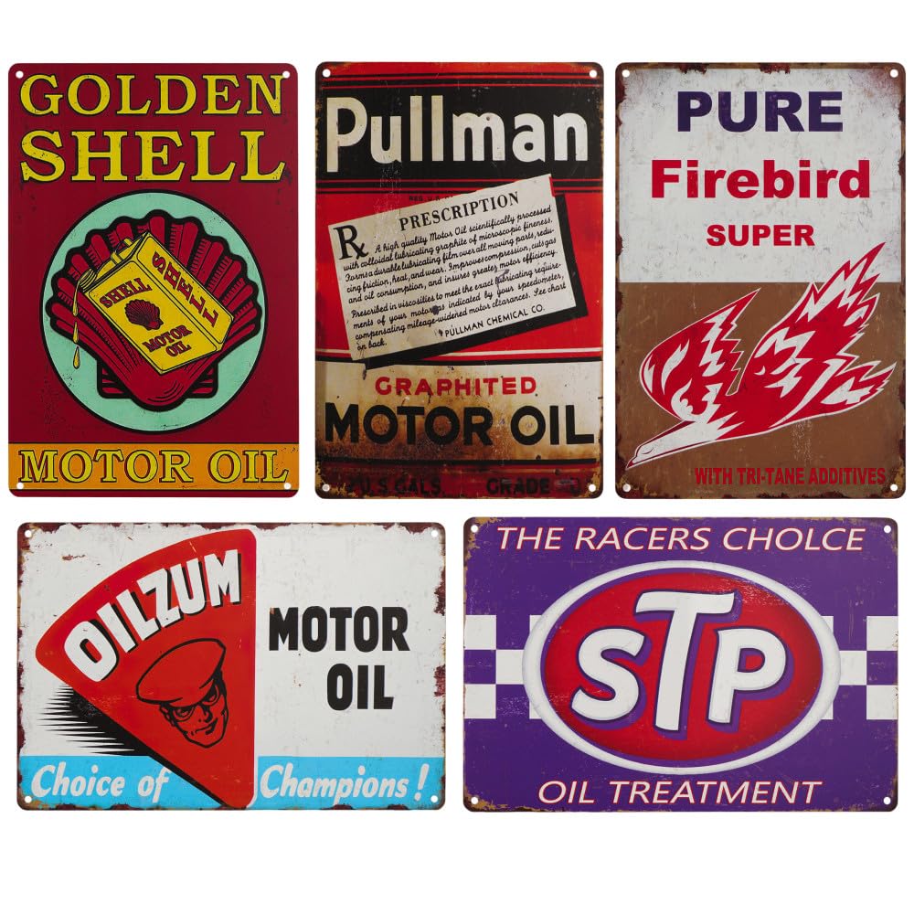 Vintage Tin Signs, Set of 5, Motor Oil and Automotive Advertisements (Purple)