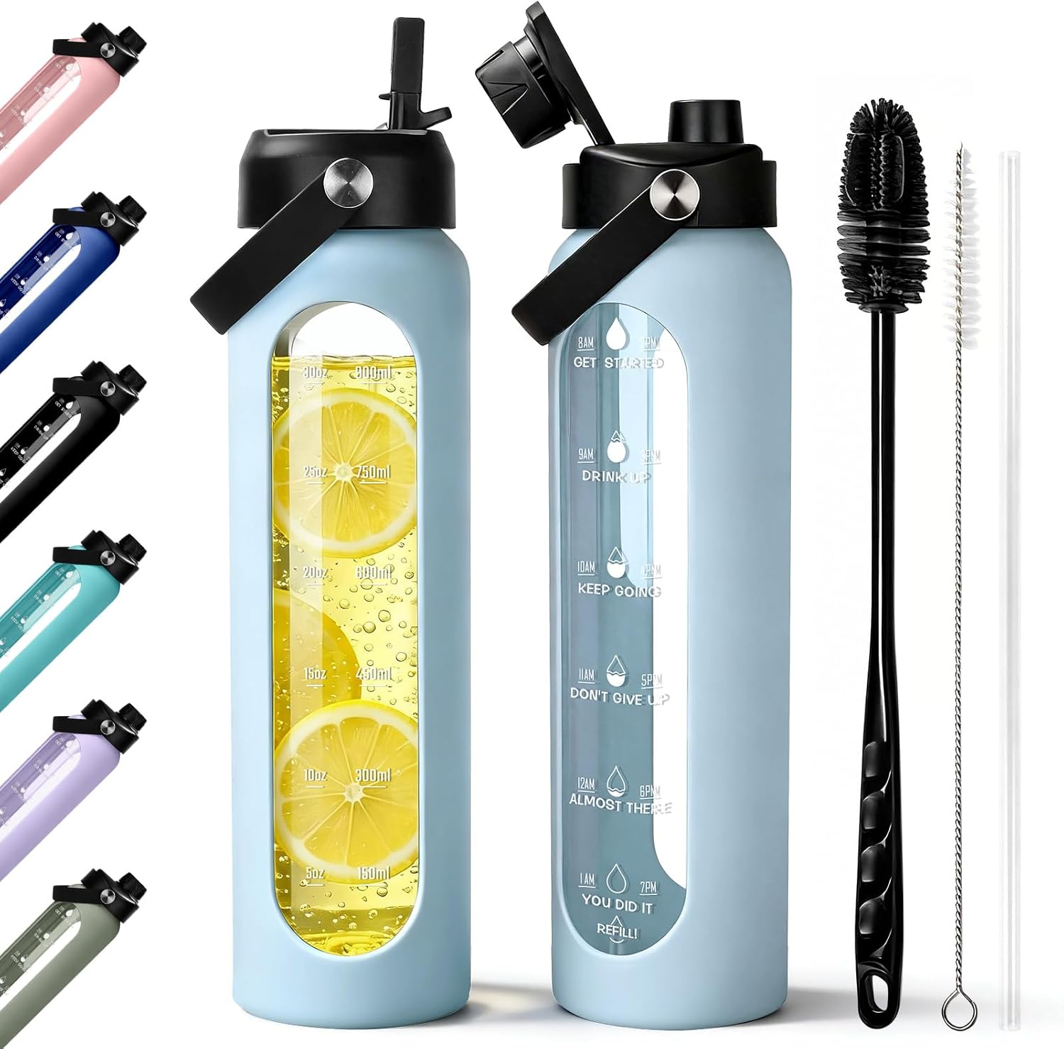 Aqulea 32 oz Glass Water Bottle with 2 Lids – Spout & Straw Lids, 1L Motivational Borosilicate Glass Water Bottle with Time Marker & Silicone Sleeve, Leakproof (Black)