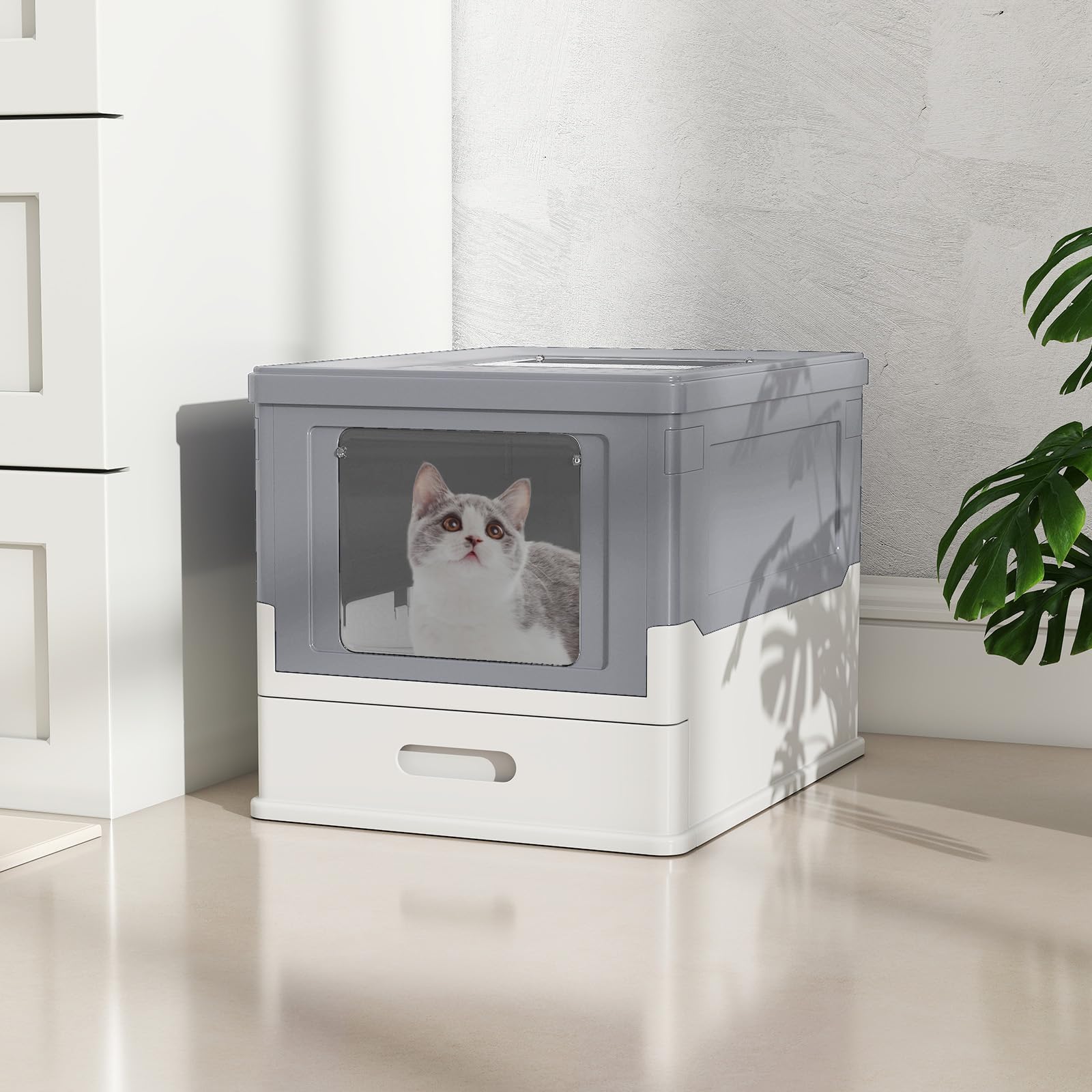 COSTWAY Arenero para Gatos Cubierto, Caja de Arena para Gatos Grande con Entrada Frontal y Salida Abatible, Bandeja Portátil, Cajón, Arenero Cerrado Plegable para Gato, 50x38x37 cm (Gris + Blanco)