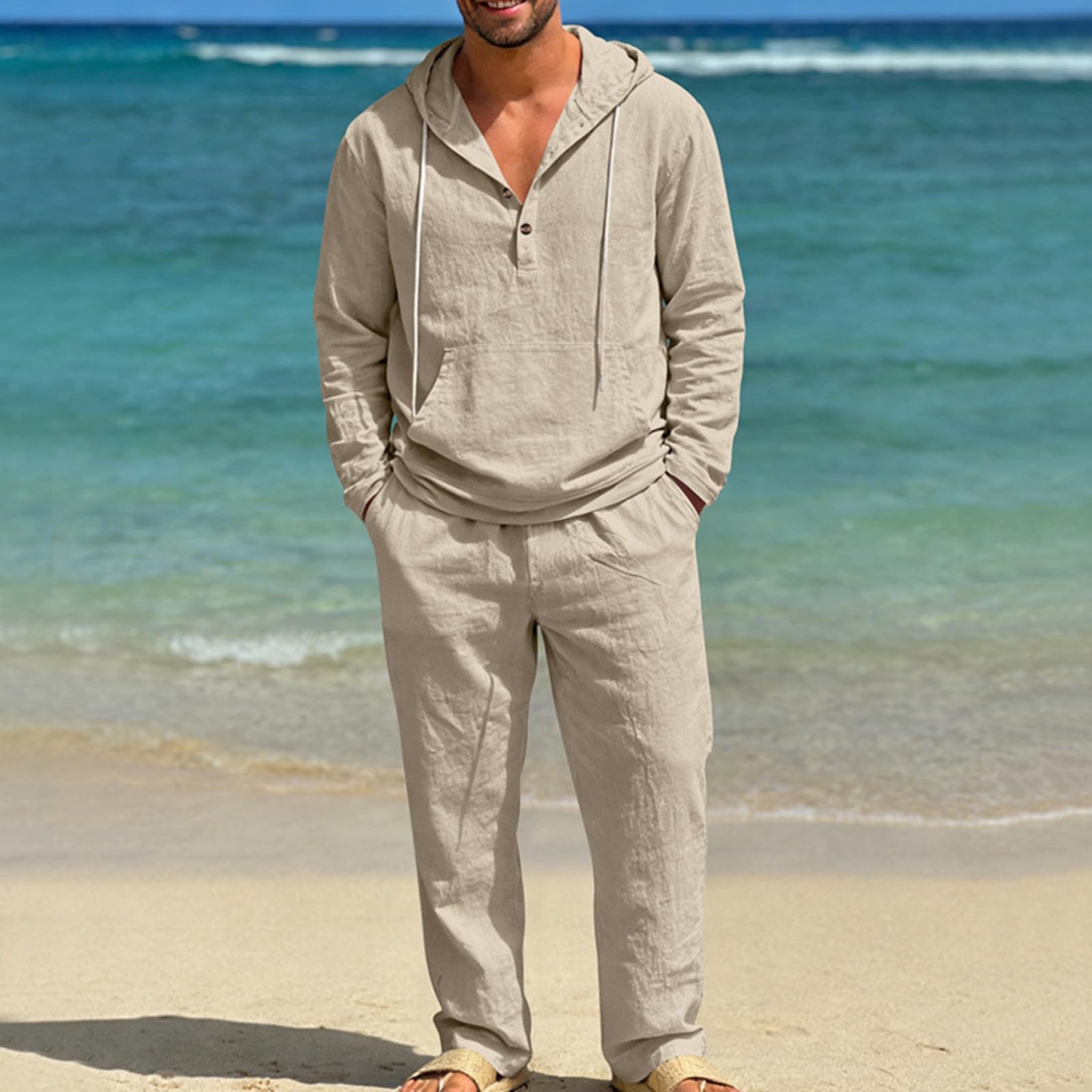 Generisch Ropa de lino para hombre, traje deportivo ligero de manga larga, sudadera de 2 piezas con capucha y pantalones de playa, traje de ocio, traje de jogging informal, chándal informal para