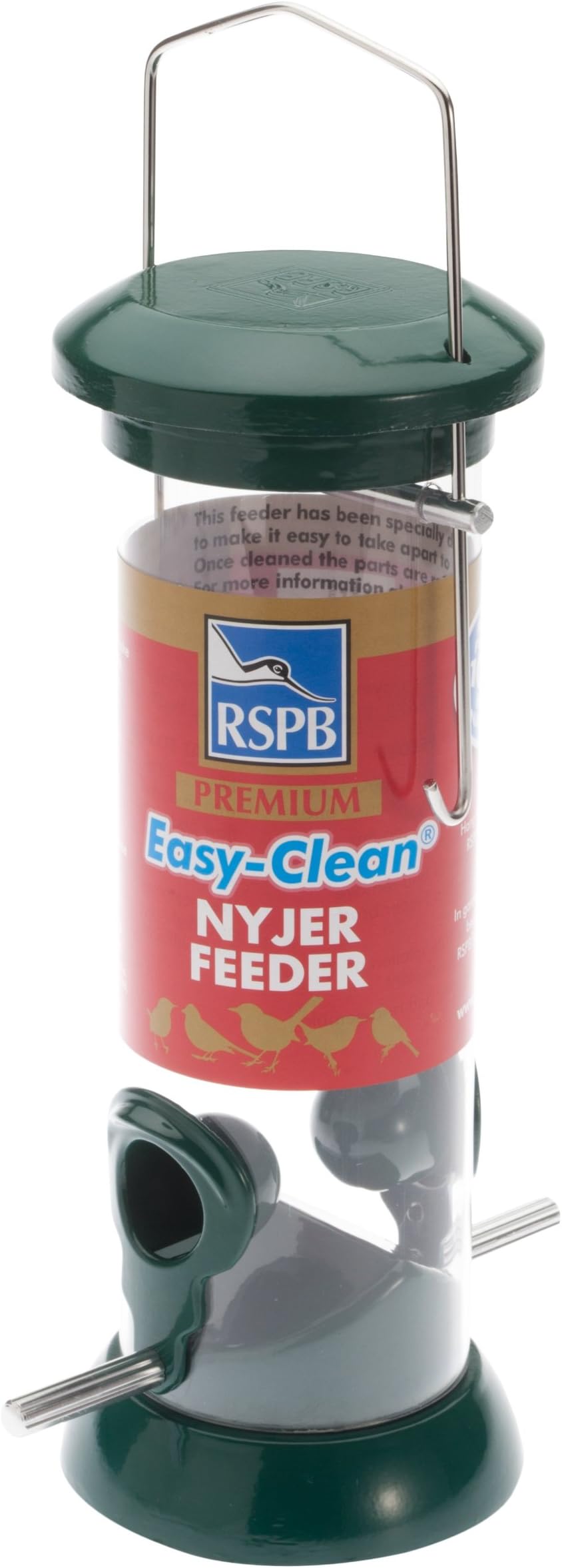 RSPB 68483197 Premium Hanging Nyjer Seed Feeder, Easy Clean, Aluminium, bird seed niger feeder. supporting charity. Wild bird, for use in gardens & outdoors pouches,Green, 9-inch