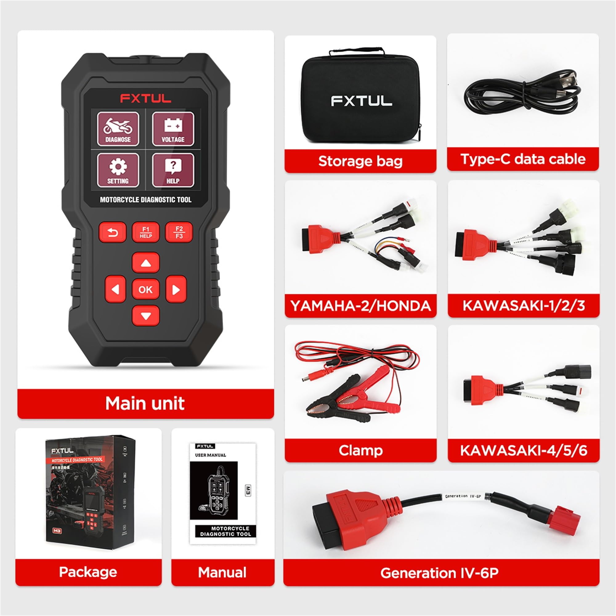 Escáner de diagnóstico de motocicleta M3-A Pro para Honda, Yamaha, Kawasaki | Escáner OBD-II/Euro V Honda 4P, Kawasaki 4-6P, adaptadores Yamaha 1-6P, datos en vivo, escaneo rápido y prueba de batería
