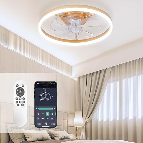 STERREN - Ventiladores de techo modernos dorados con luces, ventiladores de techo de montaje empotrado de 20" regulables de perfil bajo con control