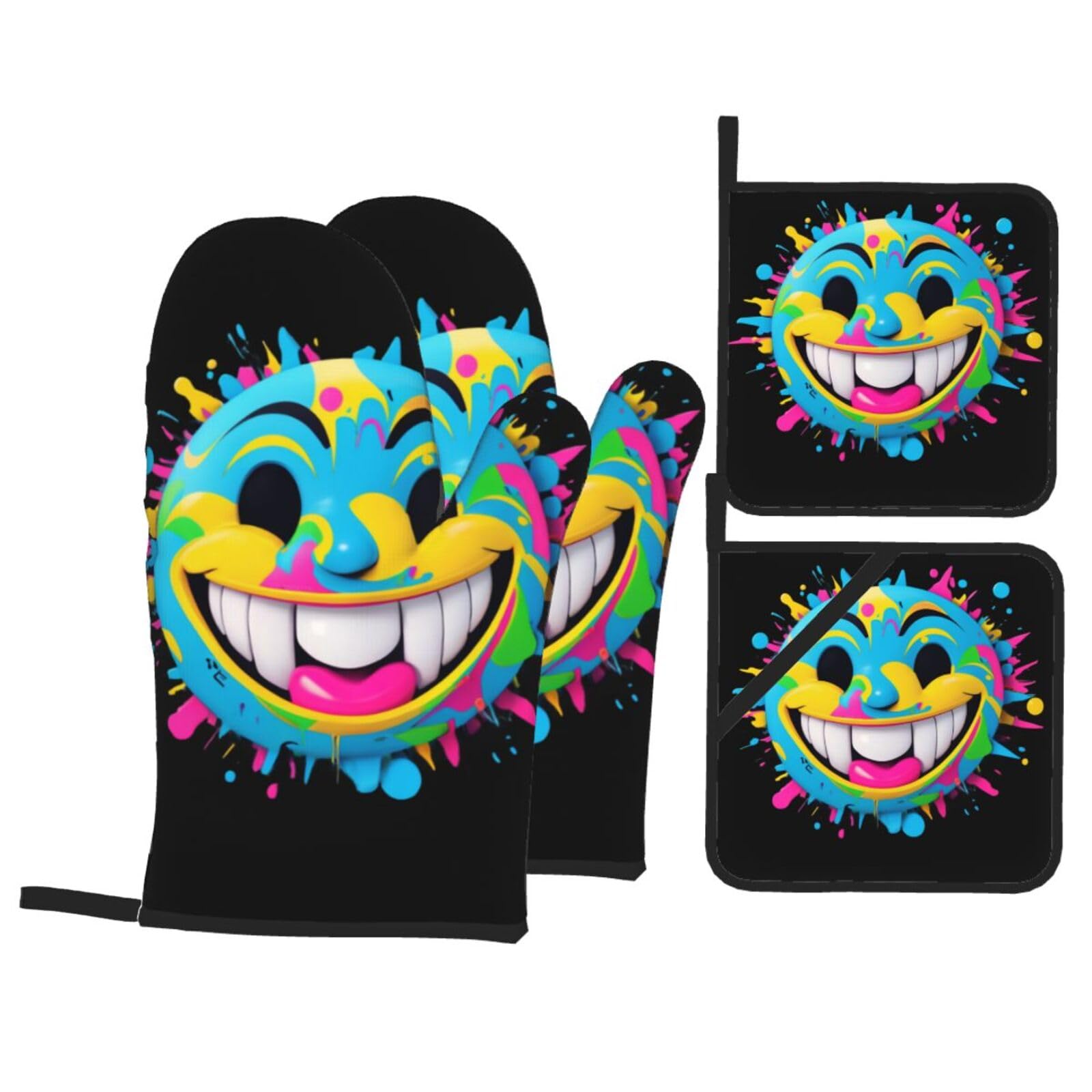 YYHWHJDE Smiling Faces Printed Kitchen Baking Set of 4 Thick Insulated Oven Mitt & Pot Holders, Anti-Scalding for Microwave, Oven, Outdoor BBQ
