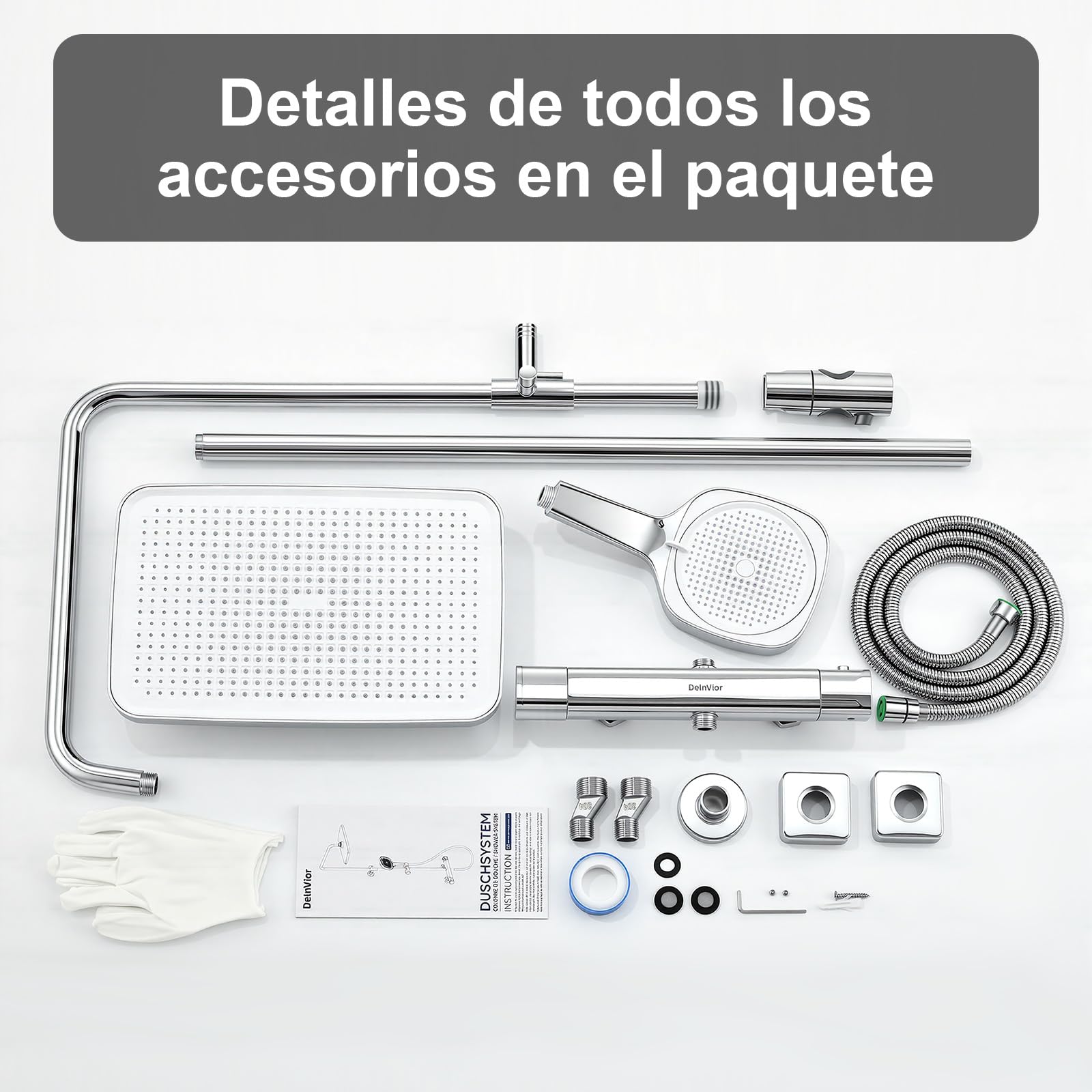 Sistema de ducha con termostato acero inoxidable ducha de lluvia cuadrada 3 tipos de chorro juego completo de ducha altura ajustable con protección antiquemaduras ahorro de agua