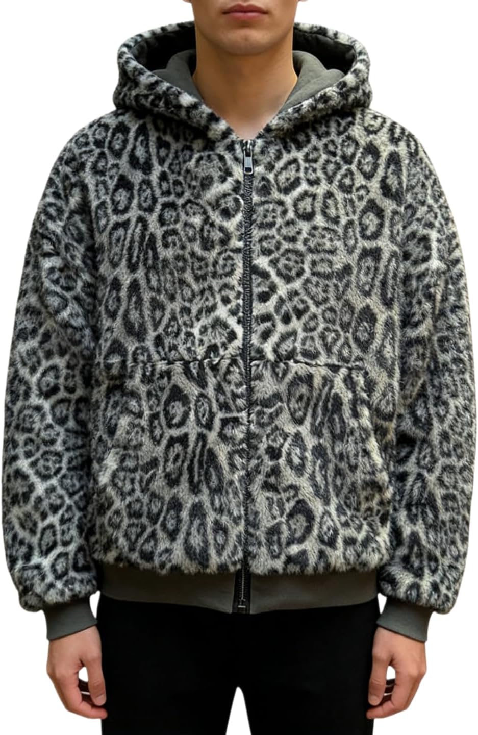 Men's Hoodies Zip Up Y2k Casual Snow Leopard Print Baggy Long Sleeve Hoodies Sweatshirt with Pocket Unisex