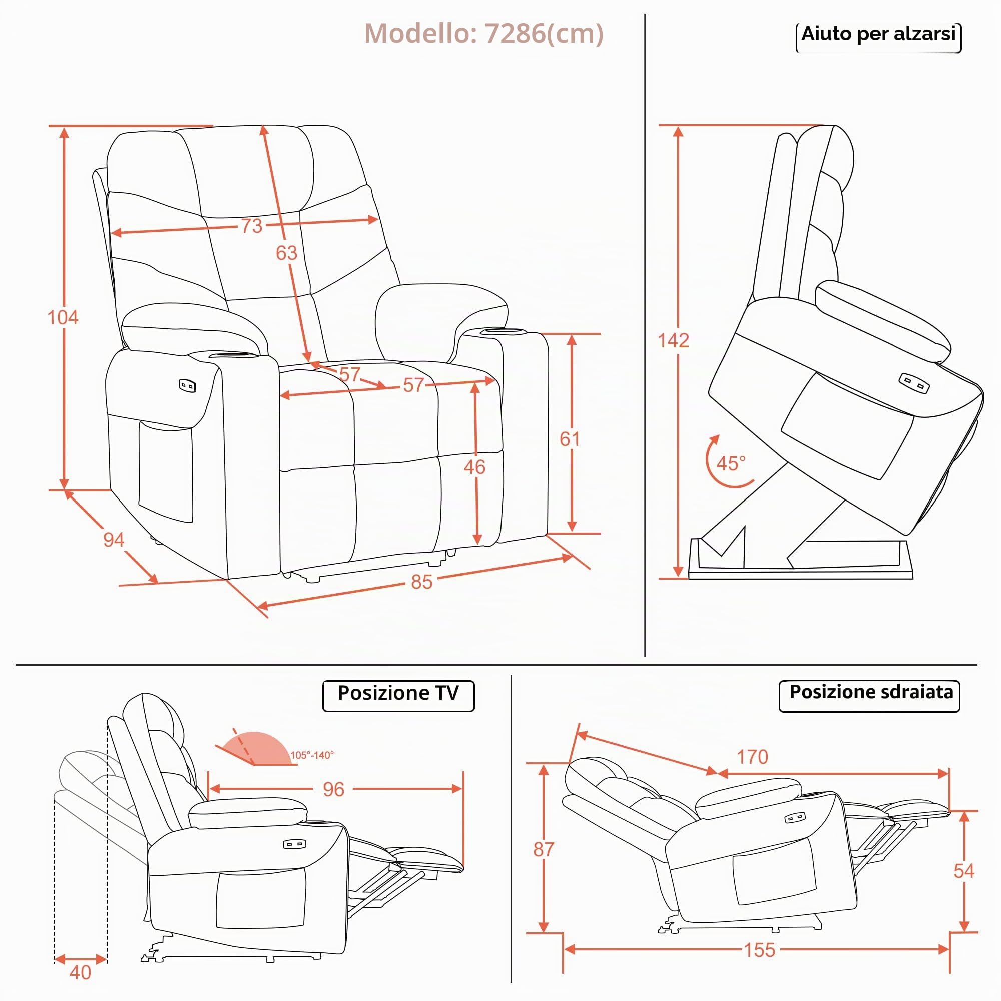 MCombo 7286DE - Poltrona relax elettrica con ingressi 2 USB, tessuto grigio scuro