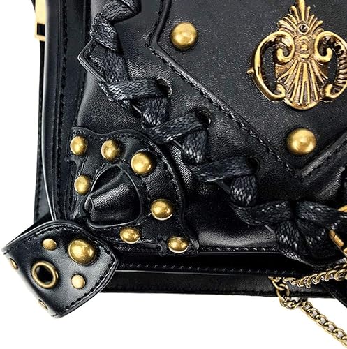 Miniatura 7 de Riñonera gótica de cuero steampunk con cadena bolsa cruzada para el hombro bolsa de cadera Negro -