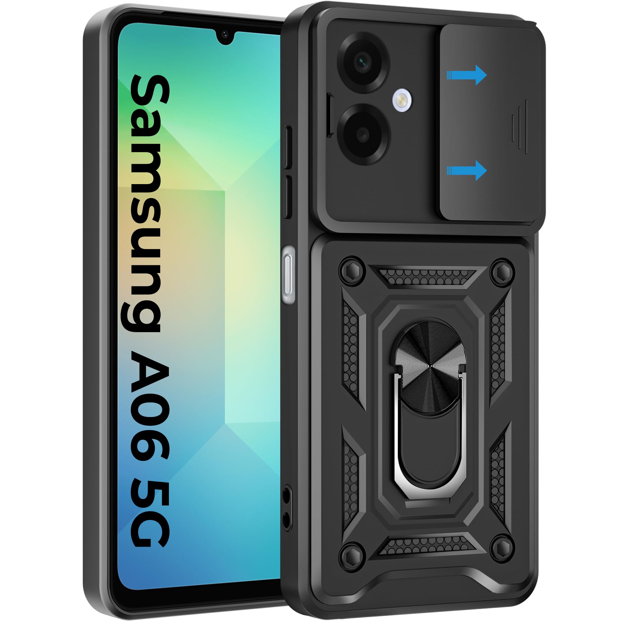 A rtistque Armor Bumper Back Cover Case for Samsung Galaxy A06 5G | Ring Holder Stand | Sliding Camera Protection | Shockproof Heavy Duty Design | Samsung Galaxy A06 Back Cover - Black