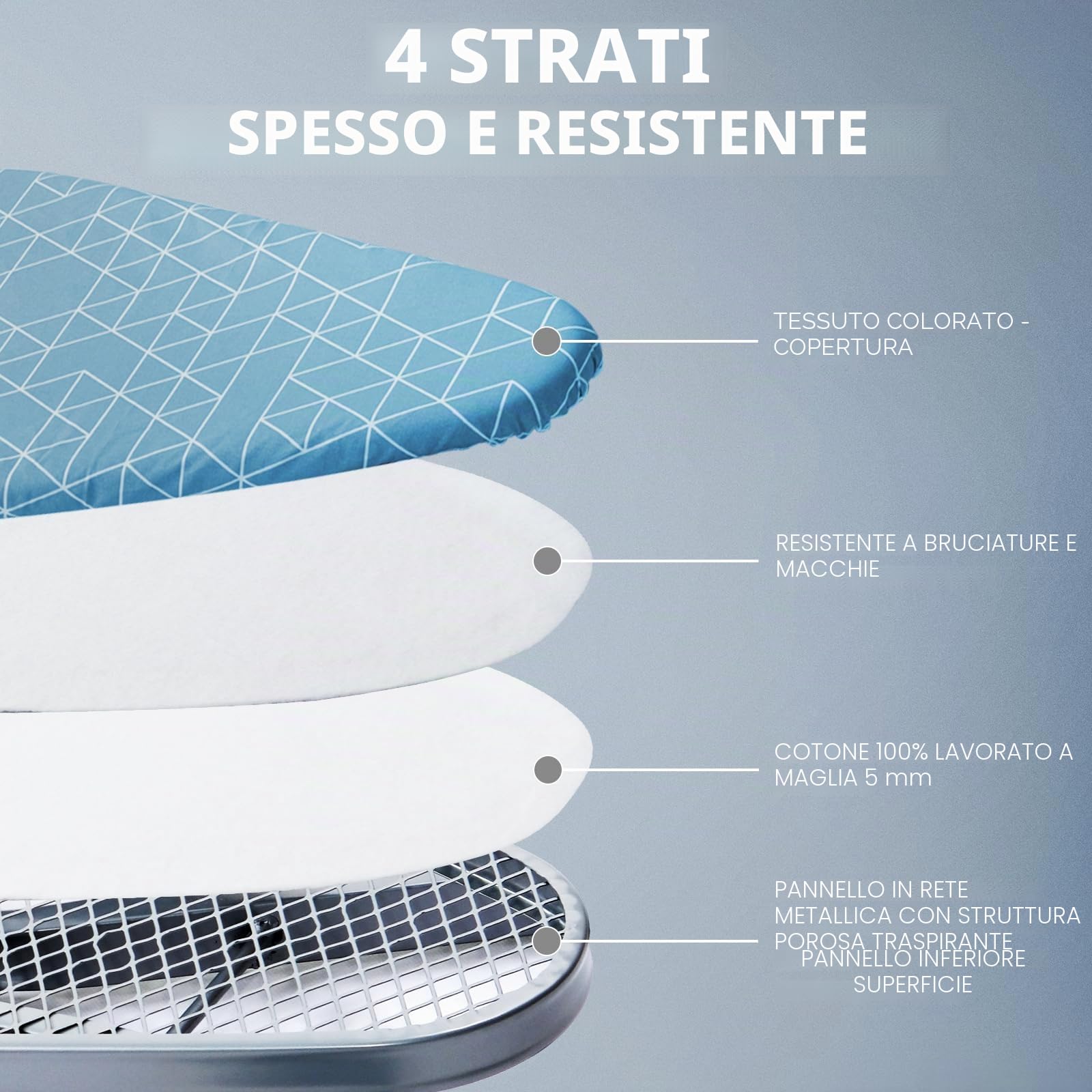 DEWINNER Asse Da Stiro Pieghevole 120 x 45 cm,Fodera Geometrica Alla Moda In 100% Cotone,Chiusura Sicura, 7 Livelli Di Regolazione Dell'altezza (Bleu géométrique, 120 * 45CM)