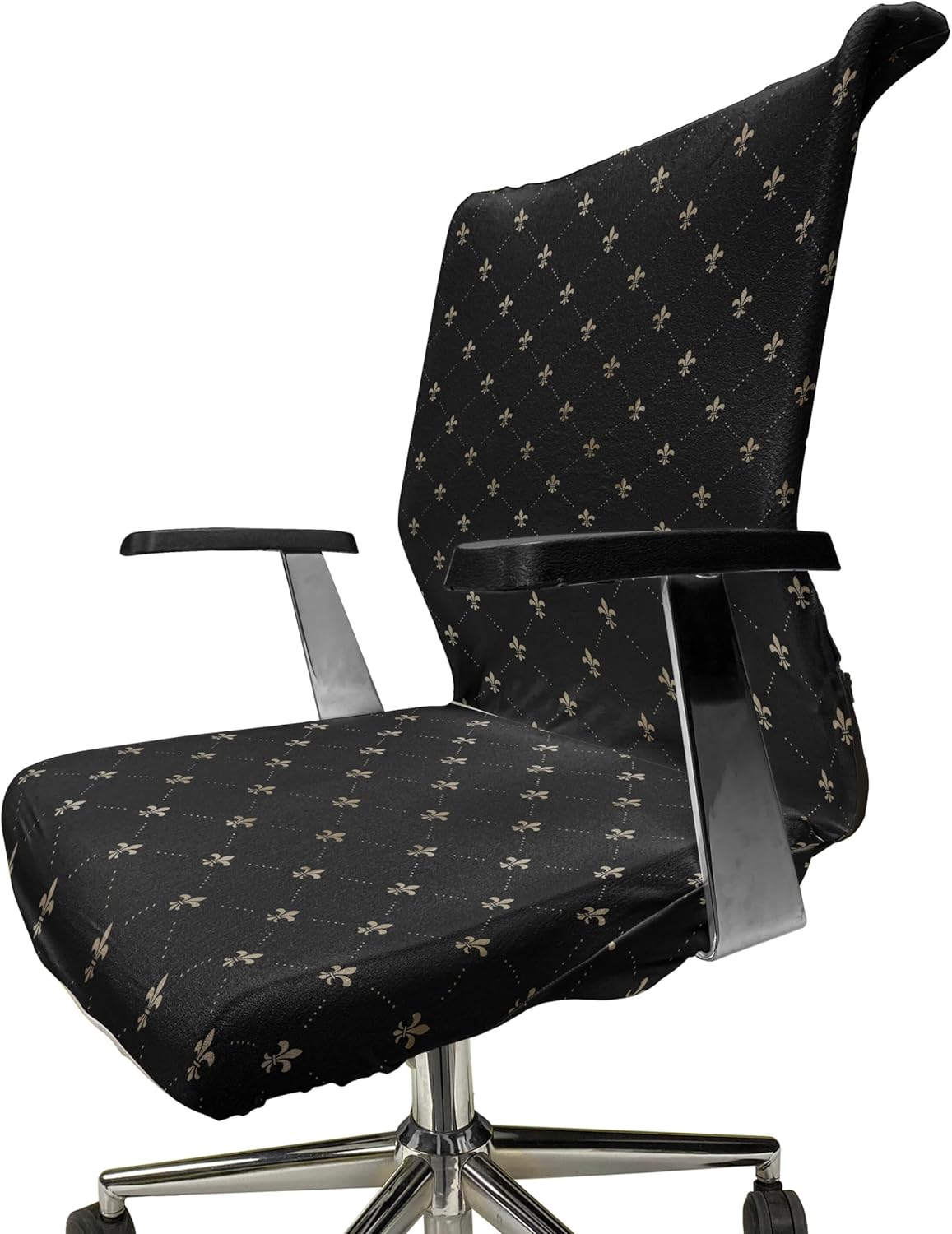 Ambesonne Fleur De Lis Office Chair Cover, Victorian Fashion with Lily Flower European Historical Baroque, Stretchable Decorative Universal Size High Back Printed Slipcover, Charcoal Grey and Beige