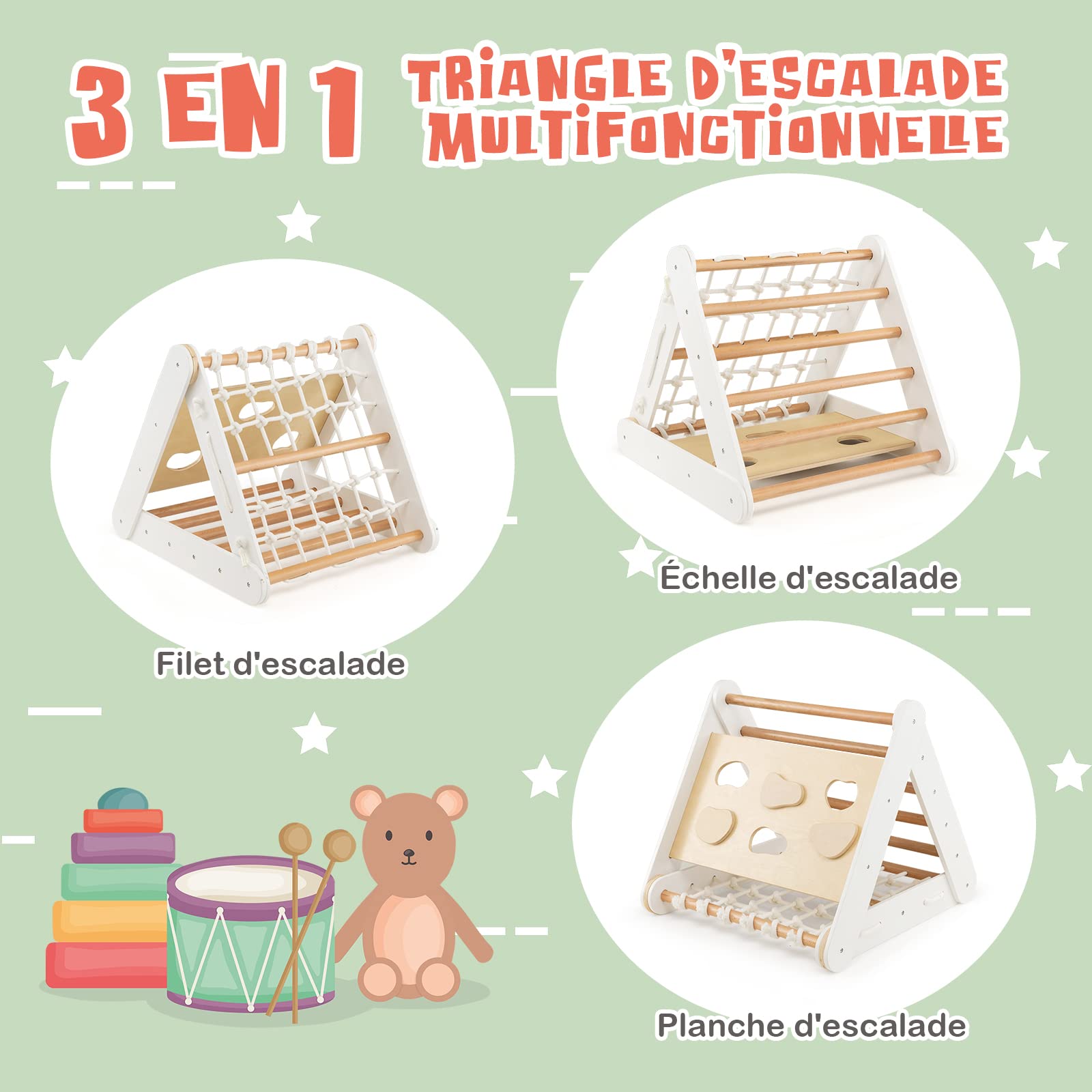 COSTWAY 4 en 1 Triangle d'escalade Enfant avec Toboggan, Echelle d'escalade en Bois avec Filet, Inclinaison Réglable, Intérieur, Charge 50kg pour Enfants de 1 an+