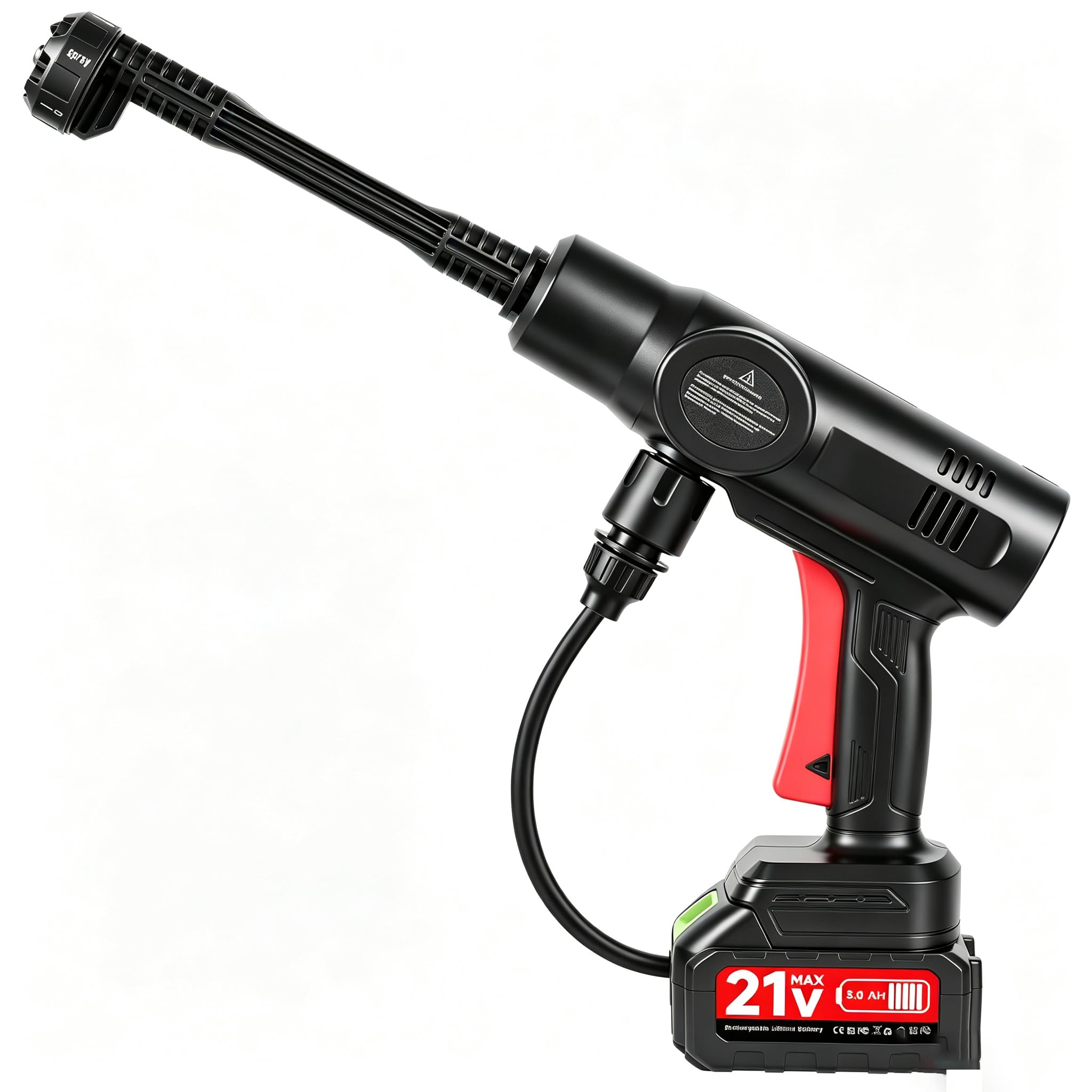 Limpiador de alta presión inalámbrico de 21 V 80 bar con 2 baterías de 3000 mAh, 6 en 1, con manguera de 5 m, limpiador de chorro para suelo, coche, jardín