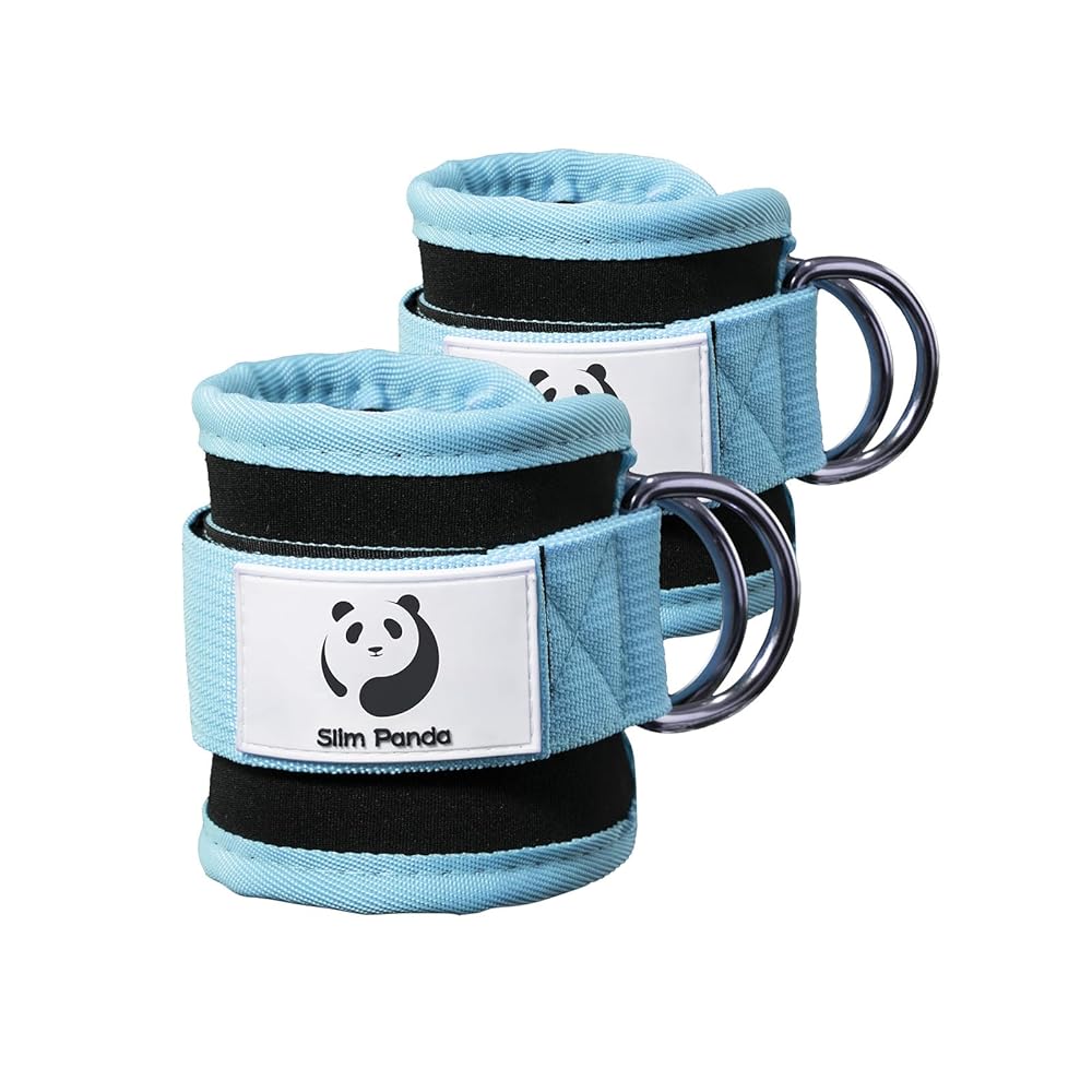 Slim Panda Ankle Strap for Cable Machine,Ankle Cuff for Kickbacks, Booty Hip Abductors,Glute Workouts, Leg Extensions, Curls for Men and Women, Adjustable with Double D-Rings (Pair, Cyan)