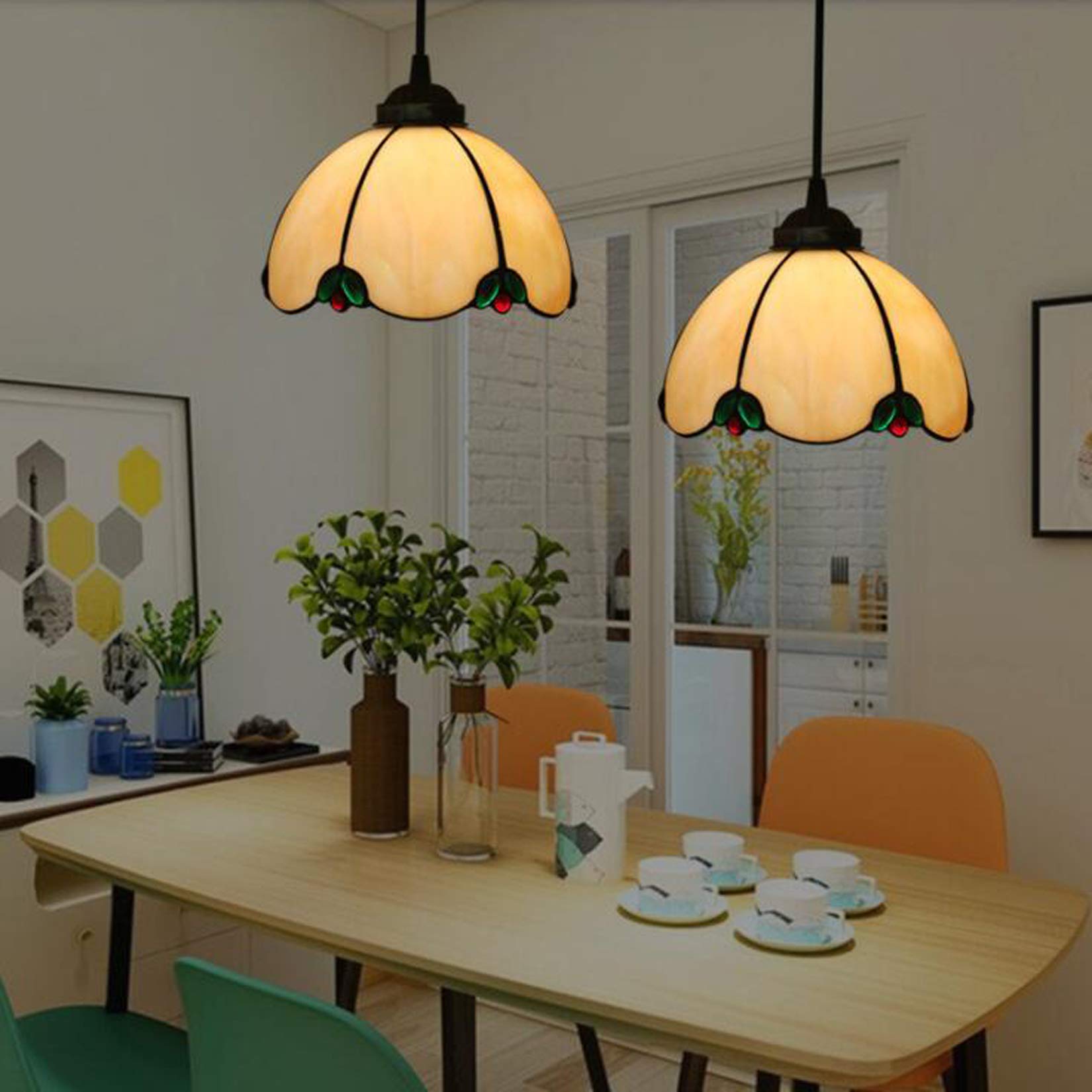 Żyrandol Vintage Witraż Klosz Lampy Sufit Wisząca Lampa Wisząca 2 Światła Oprawa Regulowany Przewód Drut Jadalnia Sypialnia Lampa 110-240 V E27 L