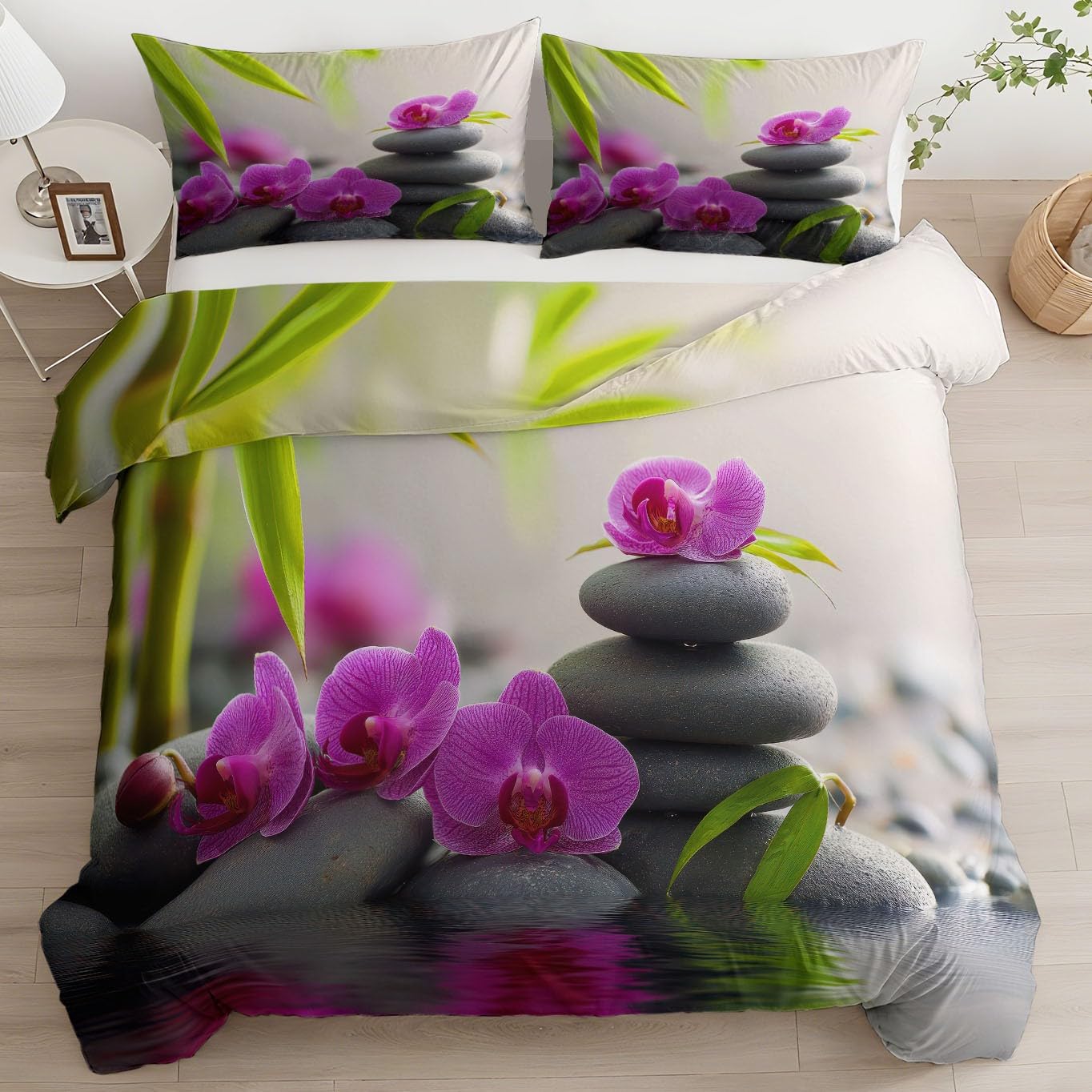 Zestaw pościeli z mikrofibry 220 x 240 cm Orchidea Krajobraz Bambus I Kamienie Dwustronne Miękkie Łatwe w Pielęgnacji Pościel Poszwa na kołdrę Zestaw pościeli z poszewką na poduszkę, kremowy