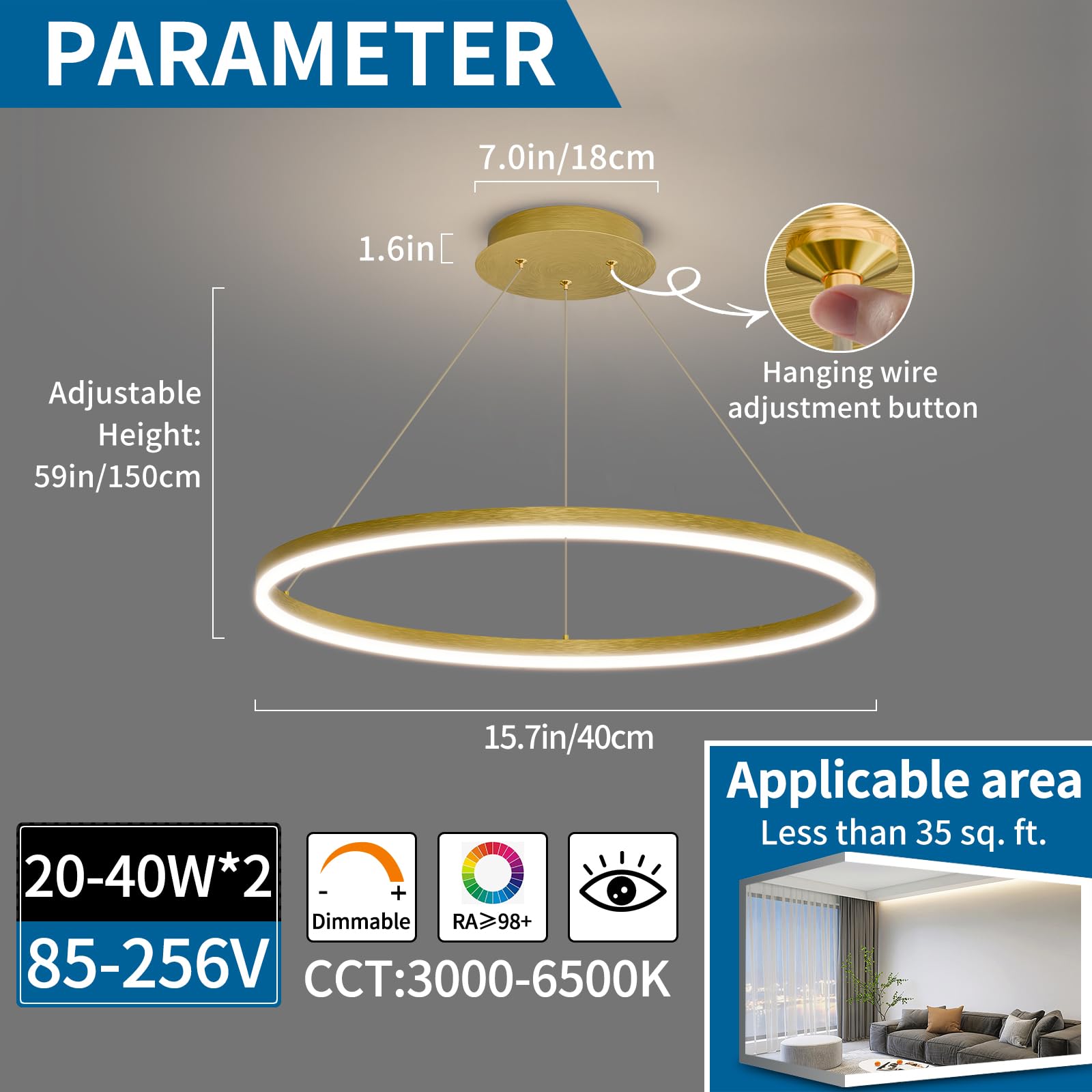 Mikeru Lampadario LED Oro 40cm, Lampada Sospensione Lineare 3000k/4500k/6500k Telecomando dal 10% al 100% Lampadario LED Soffitto Moderno Nero con Funzione di Memoria per Camere da Letto