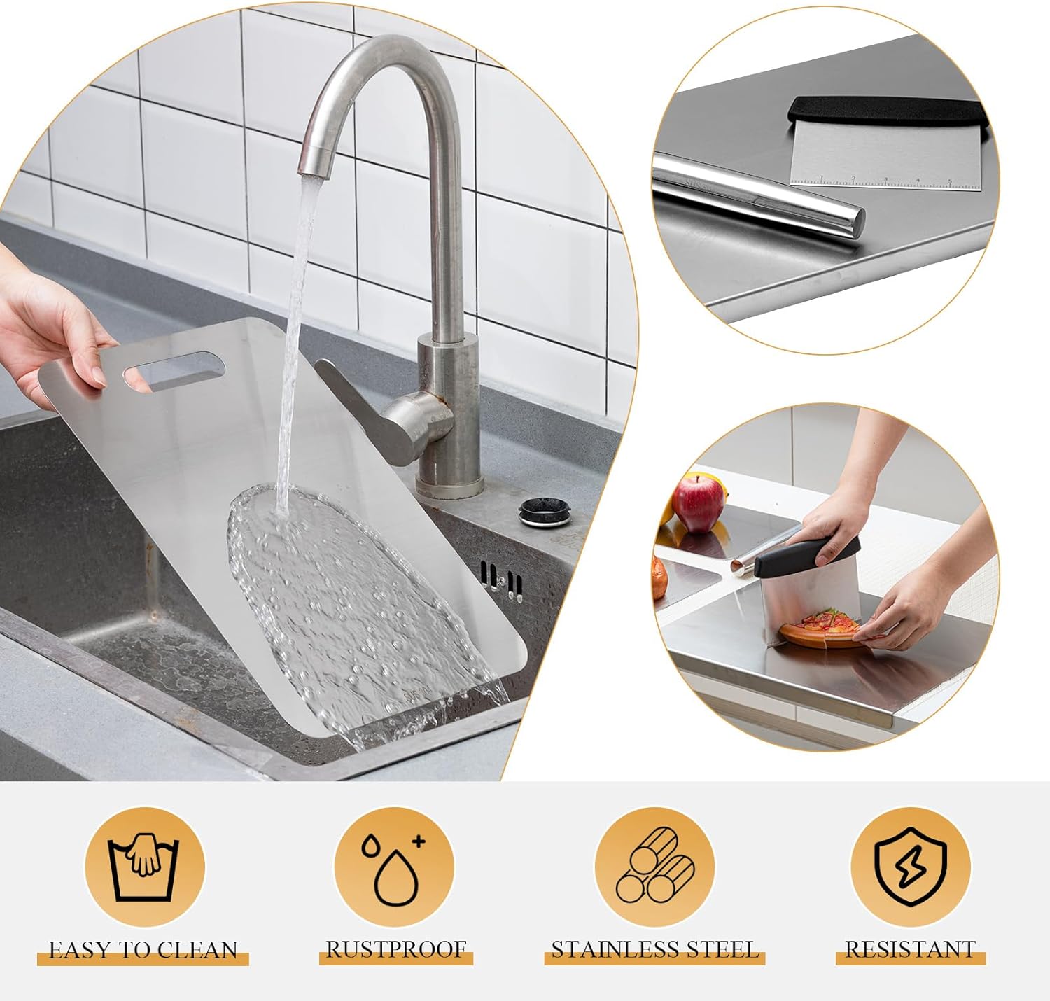 Patelai 6 Pcs Stainless Steel Cutting Board Set Steel Chopping Boards for Kitchen, Double Sided Board with Lip, Rolling Pin and Anti Slip Mesh for Countertop Meat Fruits Vegetables Bread Noodle Pizza