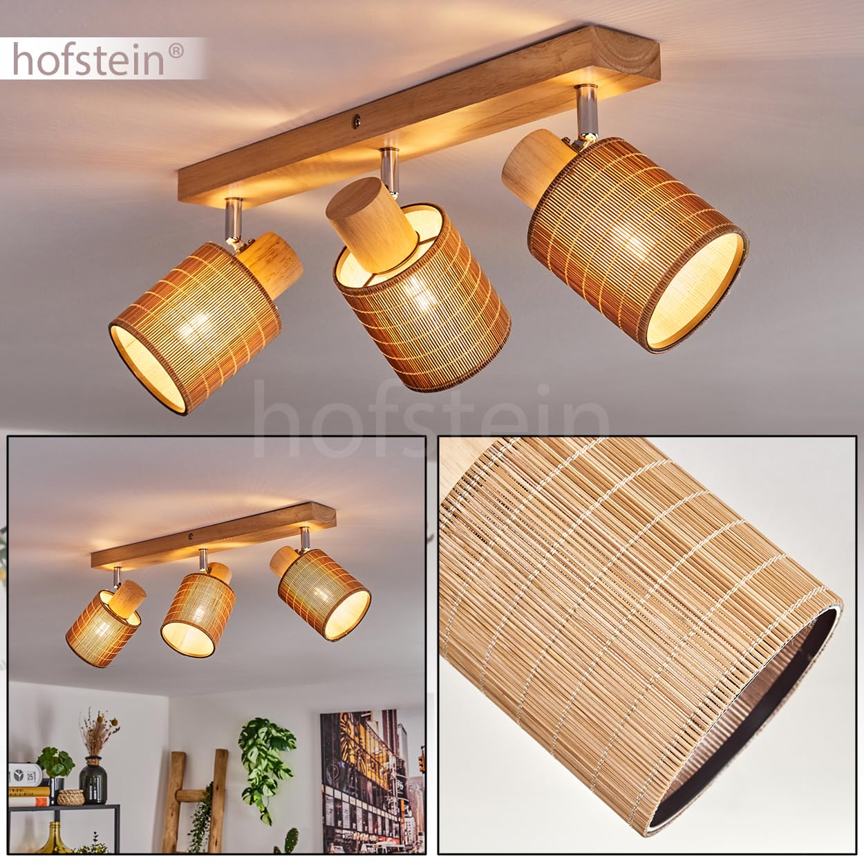 Lampada da soffitto Kinnared, lampada moderna in legno/metallo/bambù nei colori naturali/cromati/marrone, a 3 luci design scandinavo con faretti regolabili, x E14, senza lampadine