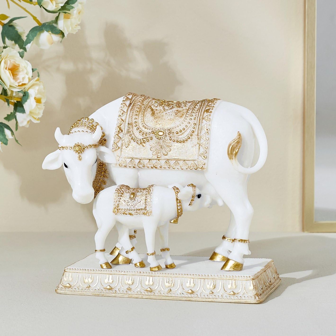 Karigaari India Divine Kamdhenu: Handcrafted Dhayana Polyresin Cow and Calf Figurine for Auspicious Home Decor - Bring Prosperity, Peace & Spiritual Harmony to Your Space-image-5