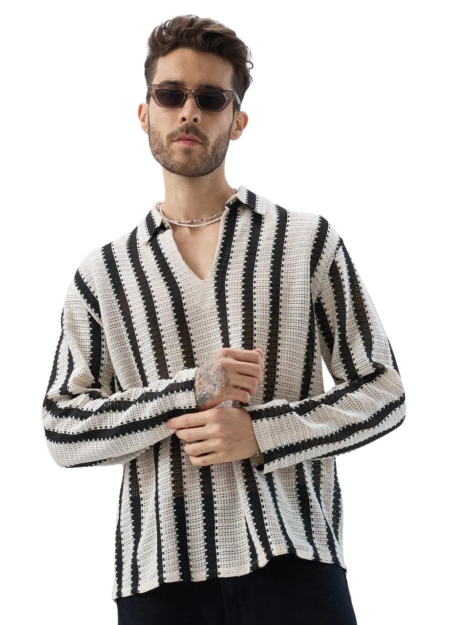 vastrado Vintage Mood Monochrome Crochet Striped Oversized Polo Shirt-picture-18