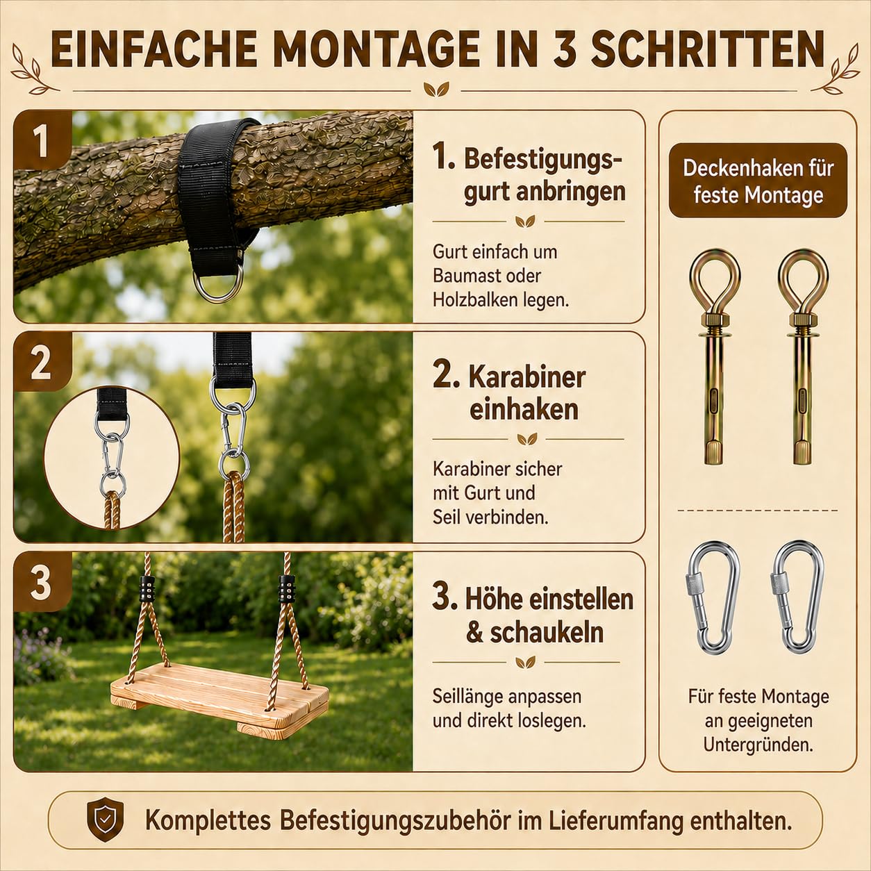 Holz Schaukel Outdoor/Indoor | Stabile Familienecke bis 160kg mit verstellbaren Seilen | Sicherer Schaukelsitz für Kinder & Erwachsene (40x16x3cm) | Für Garten, Terrasse, Balkon