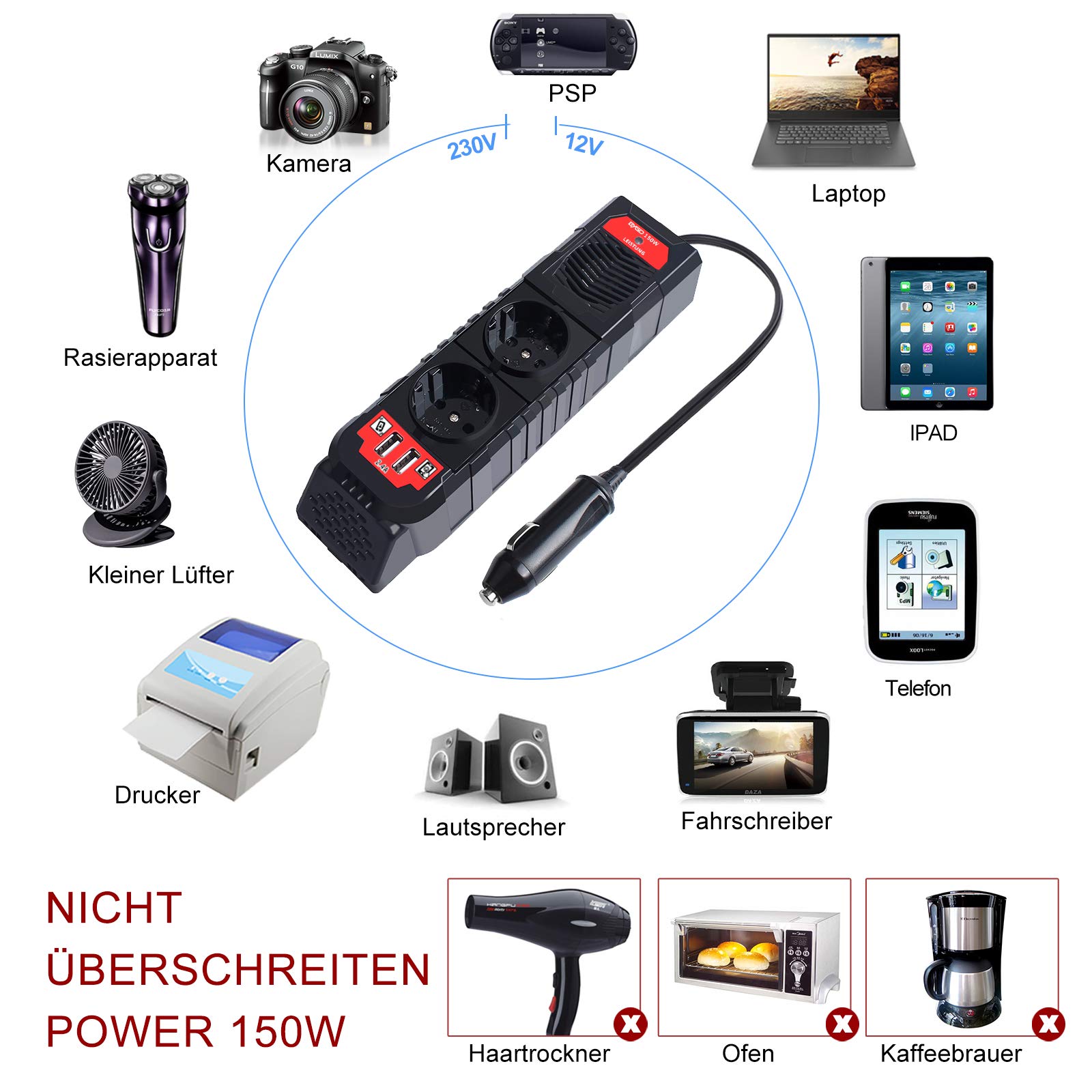 BYGD 150W Auto Spannungswandler Wechselrichter DC 12V auf 230V AC-Wandler mit 2 Ladesteckdosen und Zwei 2,4A USB-Anschlüssen Zigarettenanzünder-Steckdosenadapter für Geschaeftsfahrten und Urlaub