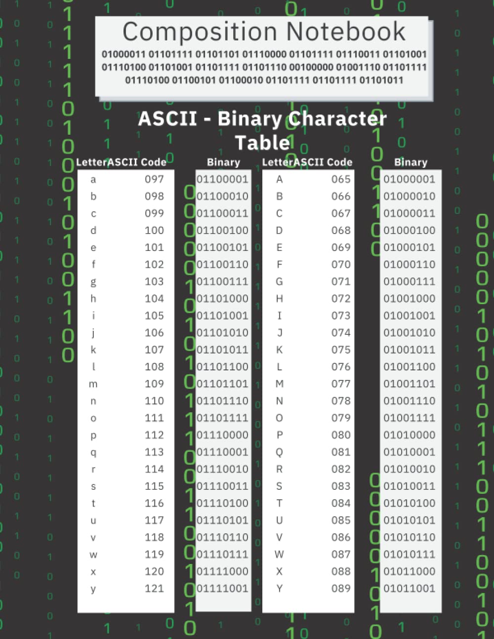 Composition Notebook: ASCII - Binary Character Table - College Ruled School Notebook -120 pages - 8.5"x11"