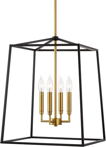 Kira Home Bellevue 18" Large Modern 4-Light Geometric Lantern Chandelier | Industrial Metal Cage Kitchen Pendant Light, Elegant Warm Brass Gold Accents, Contemporary Matte Black Finish
