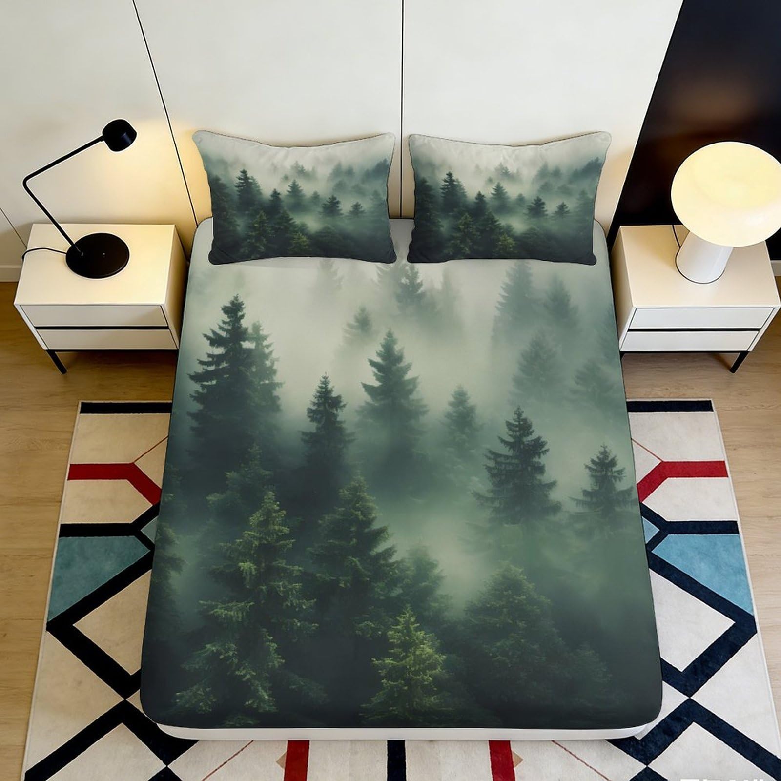Pnayamiorkfel Style-2 3D Printed Misty Pine Forest Fitted Sheet Microfiber Soft Breathable Evergreen Woodland Mattress Cover For Bedroom Decor 90X200x25cm